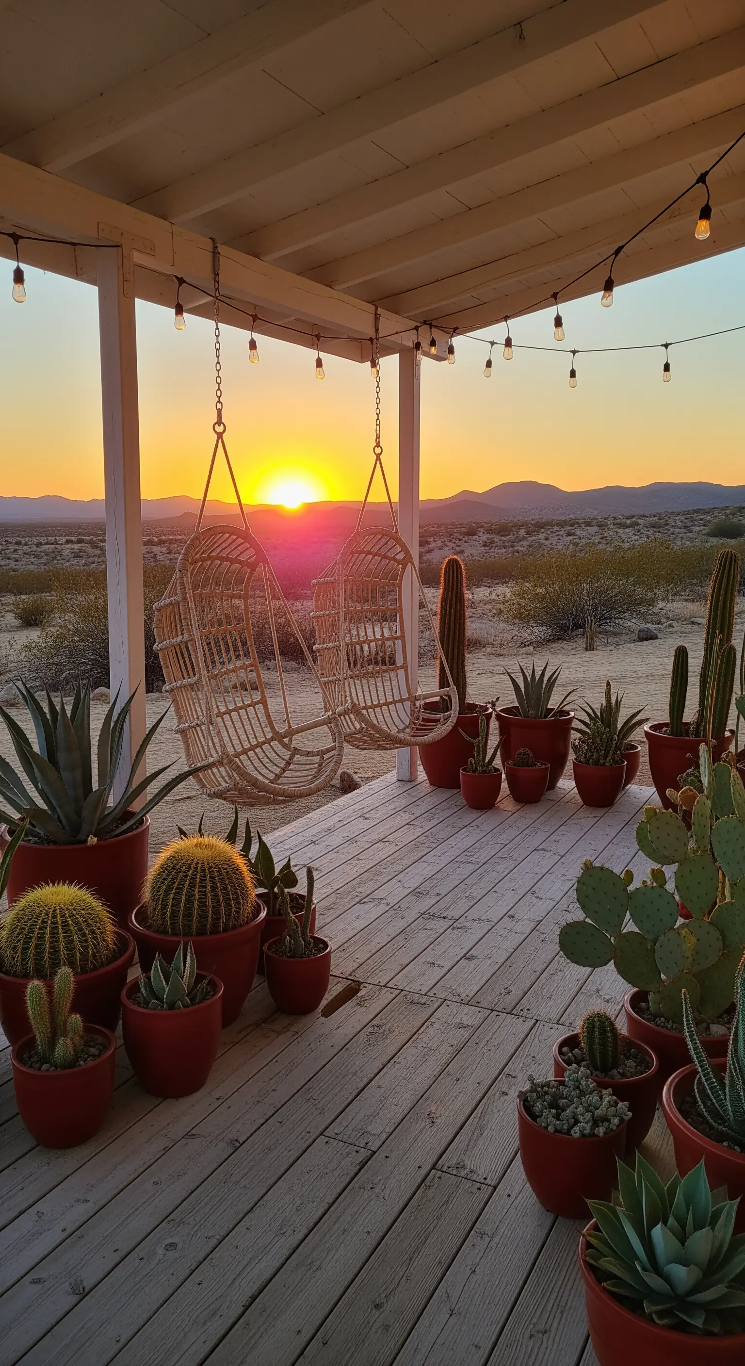 Wüsten-Veranda mit Hängesesseln, Kakteen, Sukkulenten, Lichterketten
