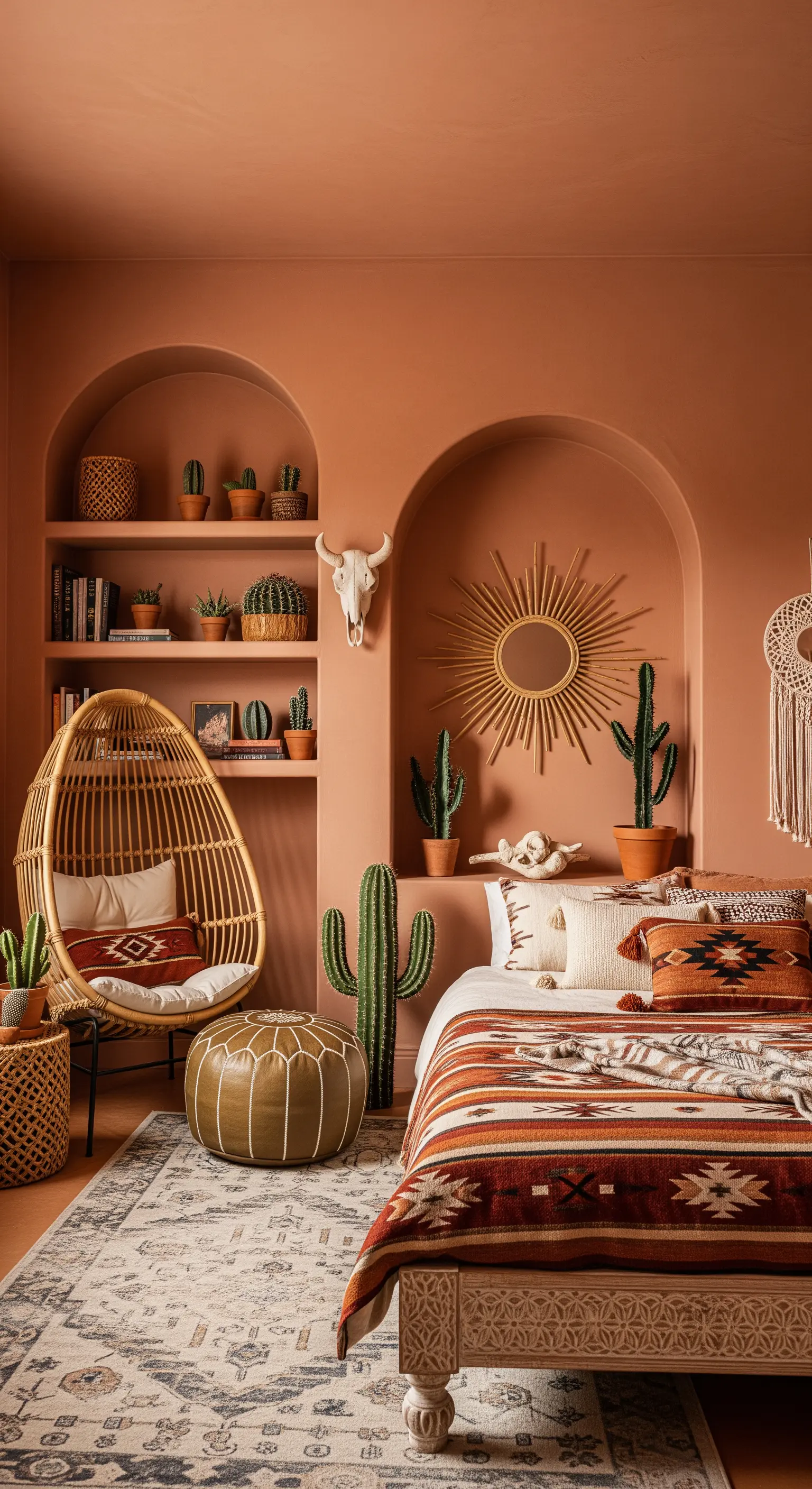 Schlafzimmer im Wüsten-Stil mit Terrakotta-Wänden, Bogennischen und Rattan-Hängesessel.