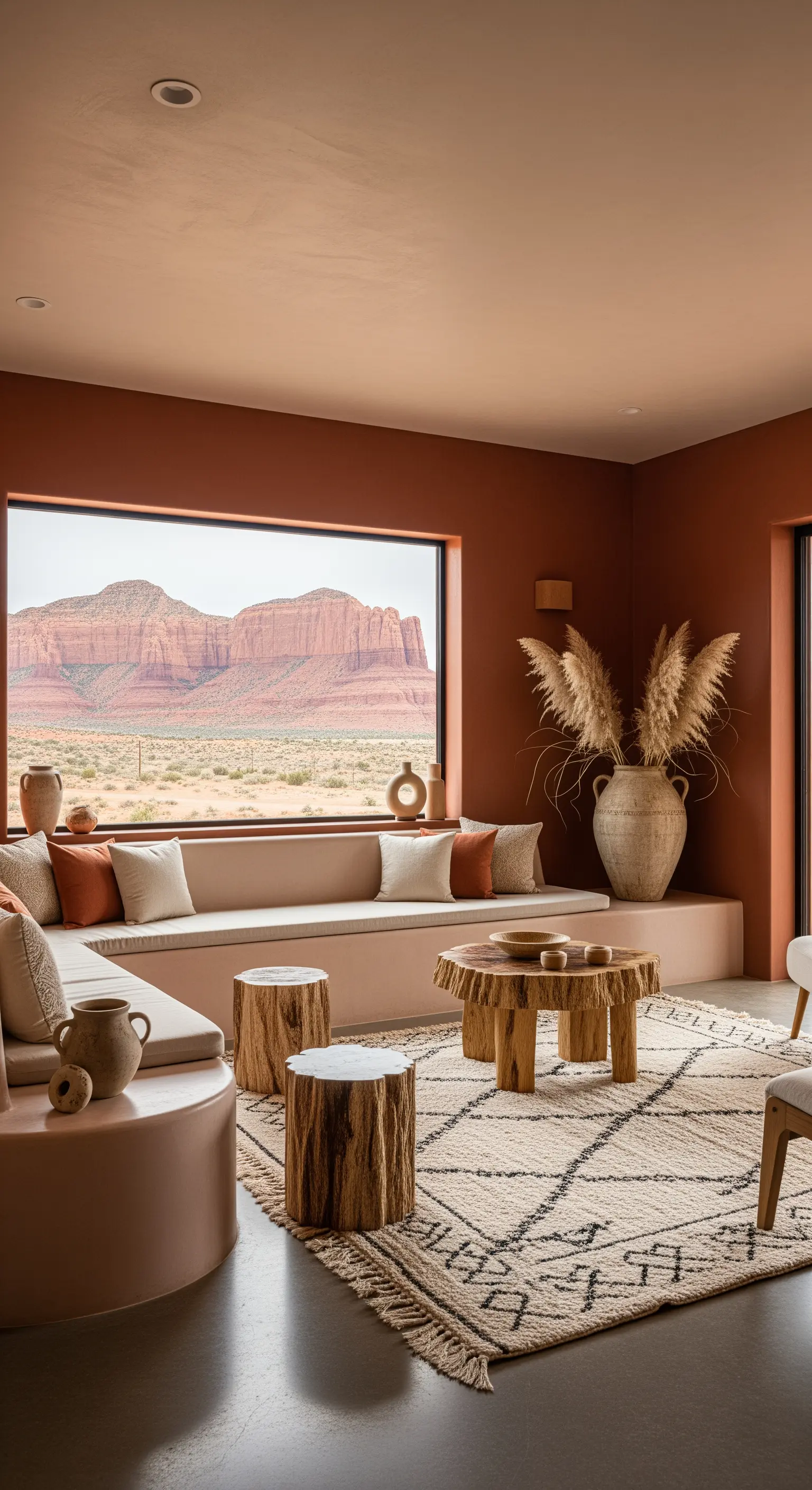 Wohnzimmer in Terrakotta-Tönen mit eingebauter Sitzbank und Blick auf die Wüste.