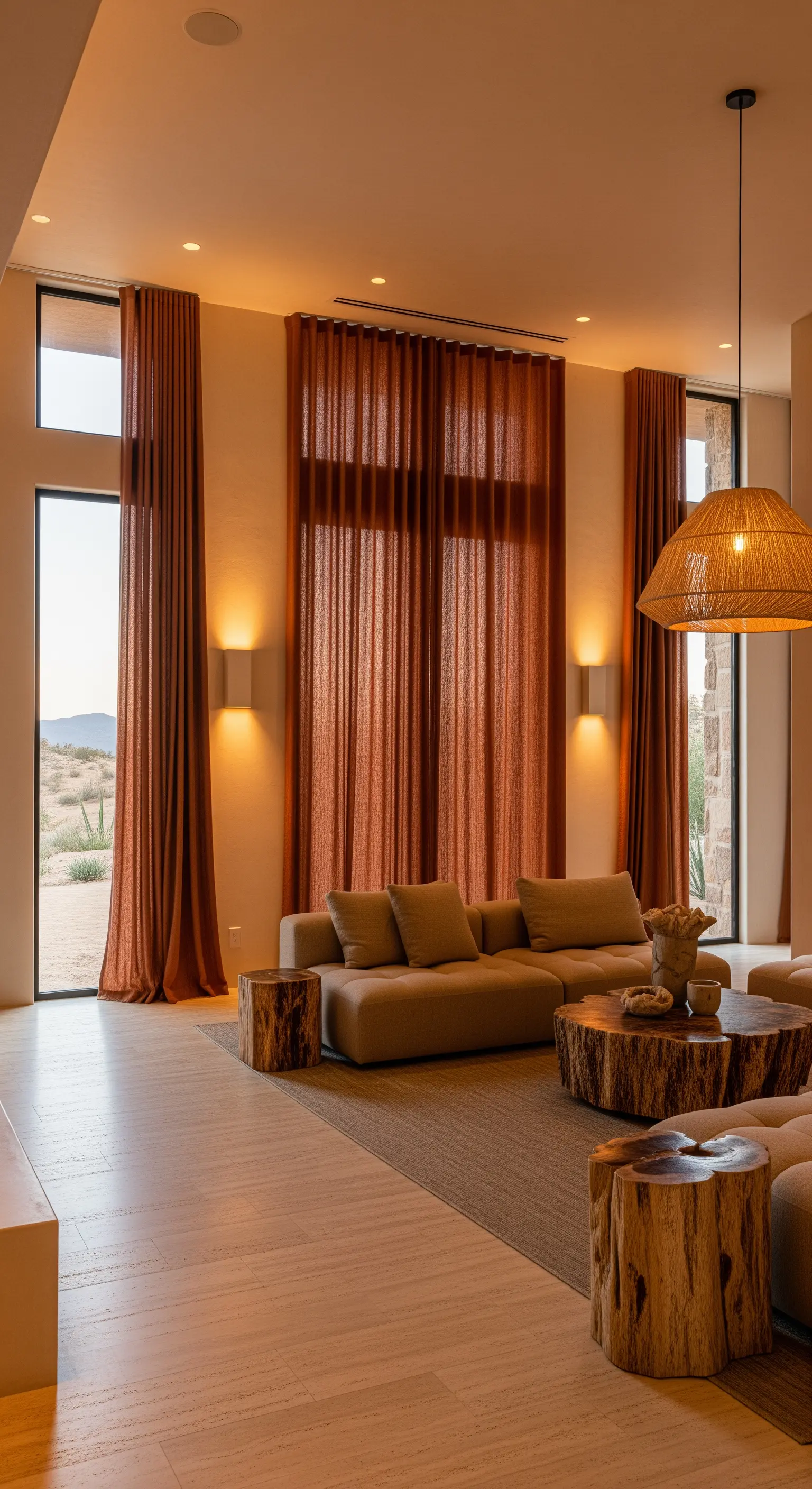 Wohnzimmer im Wüstenstil mit terrakottafarbenen Leinenvorhängen und Holzmöbeln.