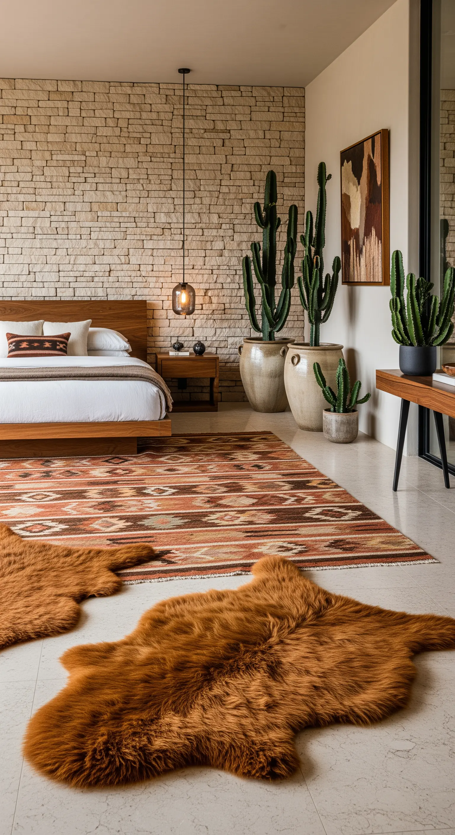 Schlafzimmer im Wüstenstil mit Kelim-Teppich und rostfarbenen Lammfellen