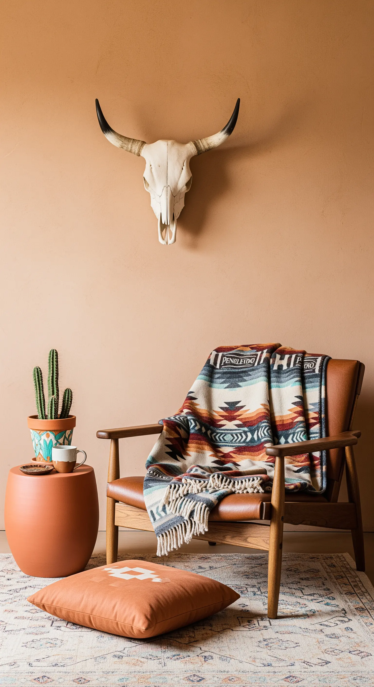 Leseecke im Southwestern-Stil mit Terrakotta-Wand, Ledersessel und Navajo-Decke.