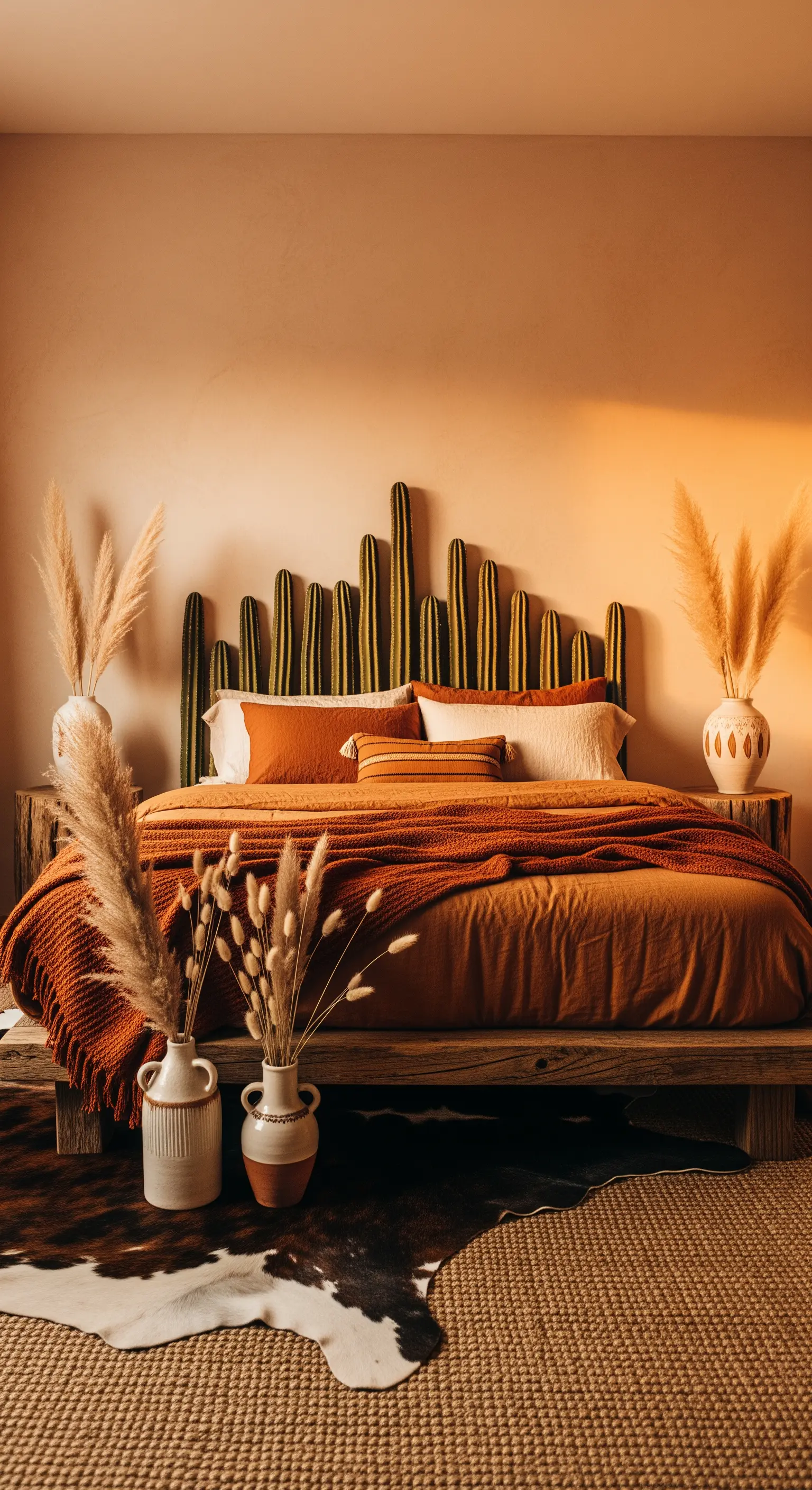 Wüsten-inspiriertes Boho-Schlafzimmer mit Terrakotta-Farben und Kaktus-Kopfteil
