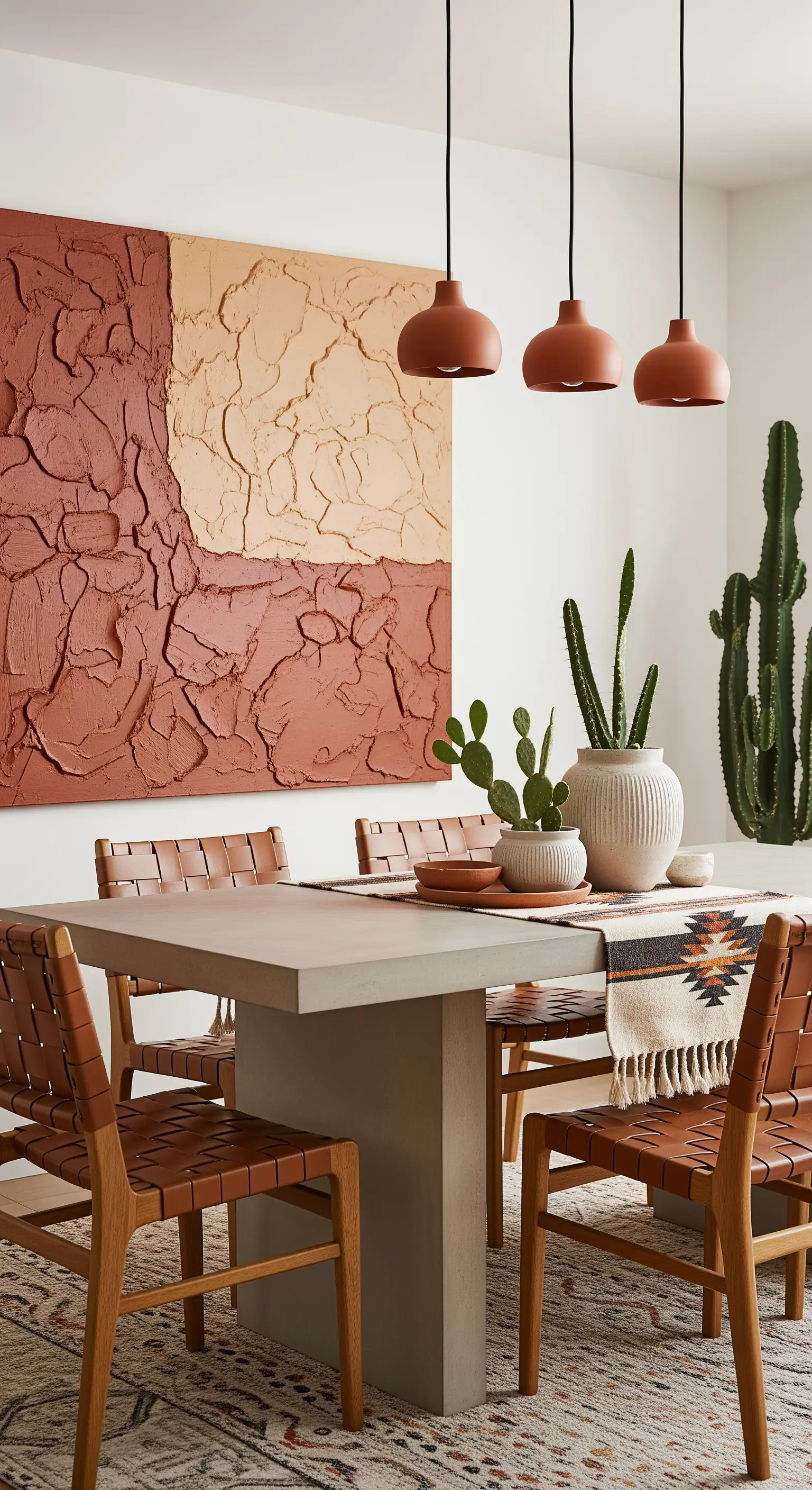 Essbereich mit texturierter Wandkunst in Erdtönen und Lederstühlen.
