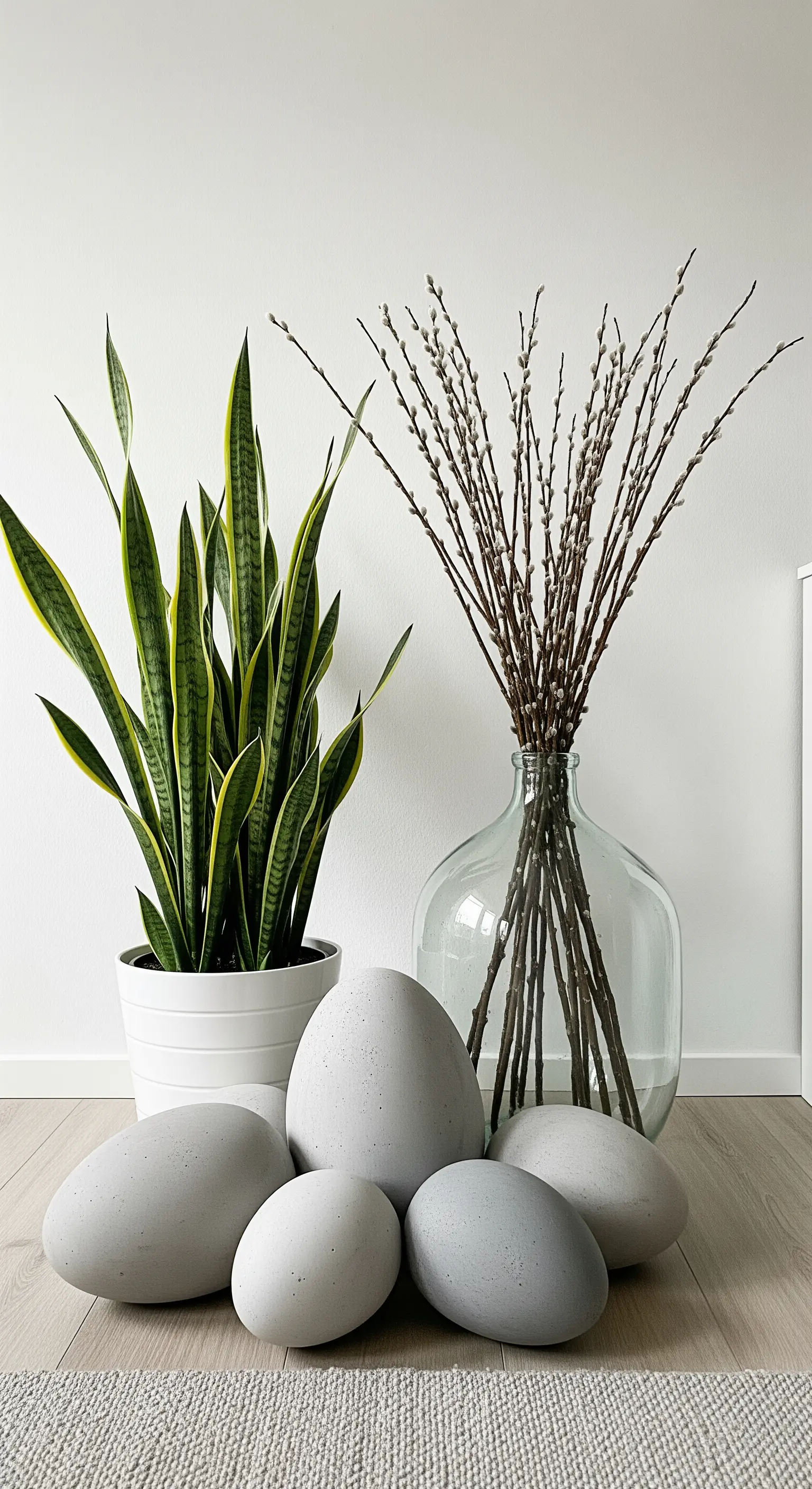 Gruppe von großen, grauen Betoneiern auf dem Holzboden neben einer Pflanze und Weidenkätzchen.