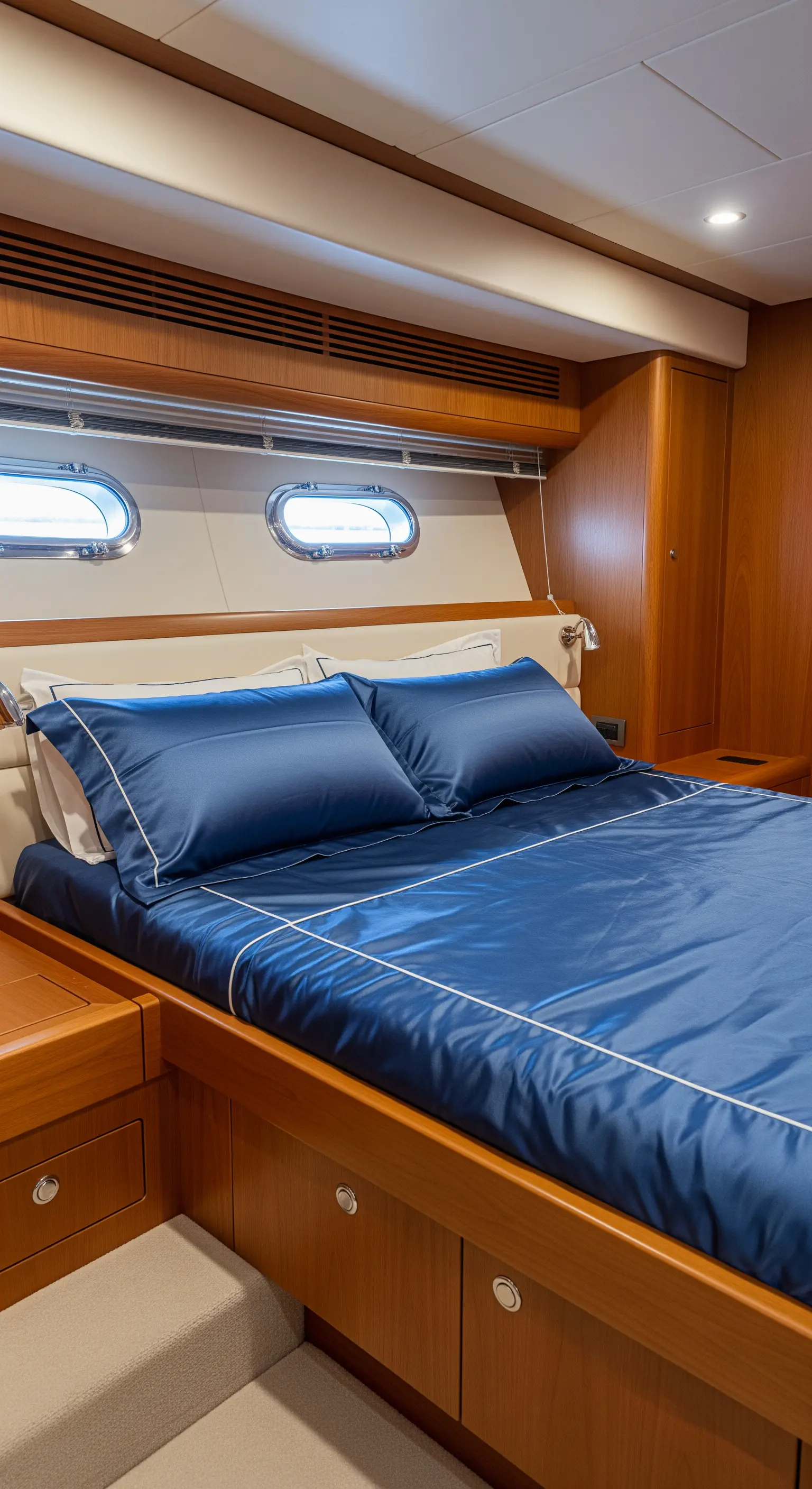 Kompaktes Schlafzimmer im Yacht-Stil mit Holzverkleidung und marineblauer Seidenbettwäsche.