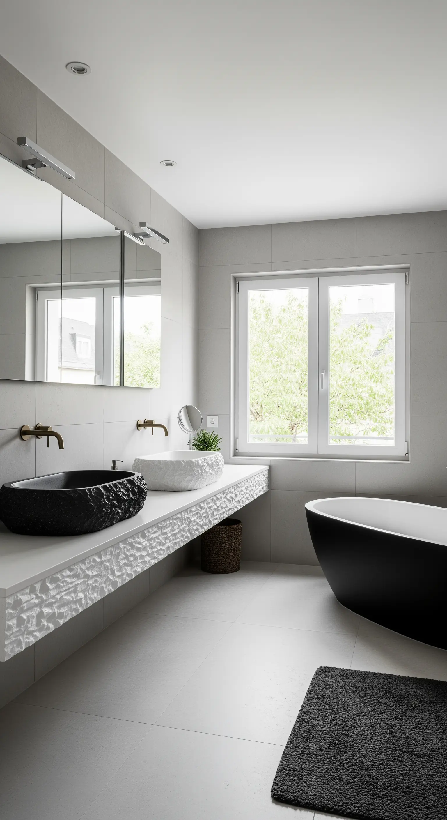 Doppelwaschtisch mit einem schwarzen und einem weißen Aufsatzwaschbecken.