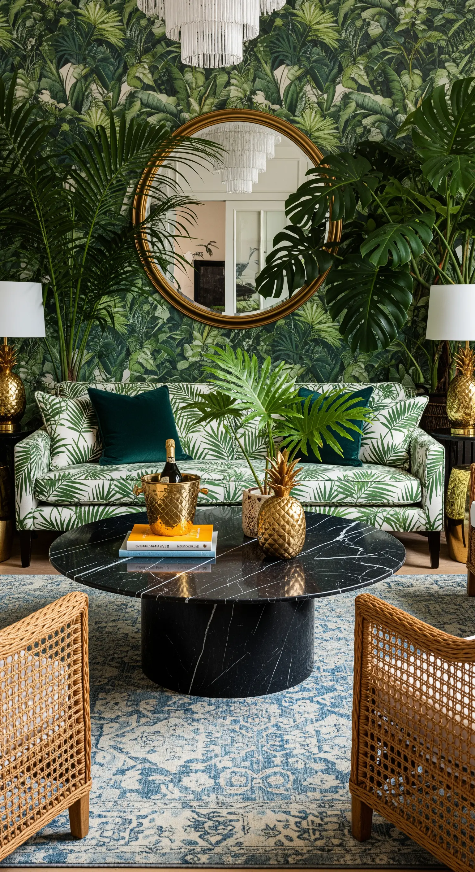 Runder schwarzer Marmortisch in einem Wohnzimmer mit tropischer Blättertspete und Rattan-Sesseln.