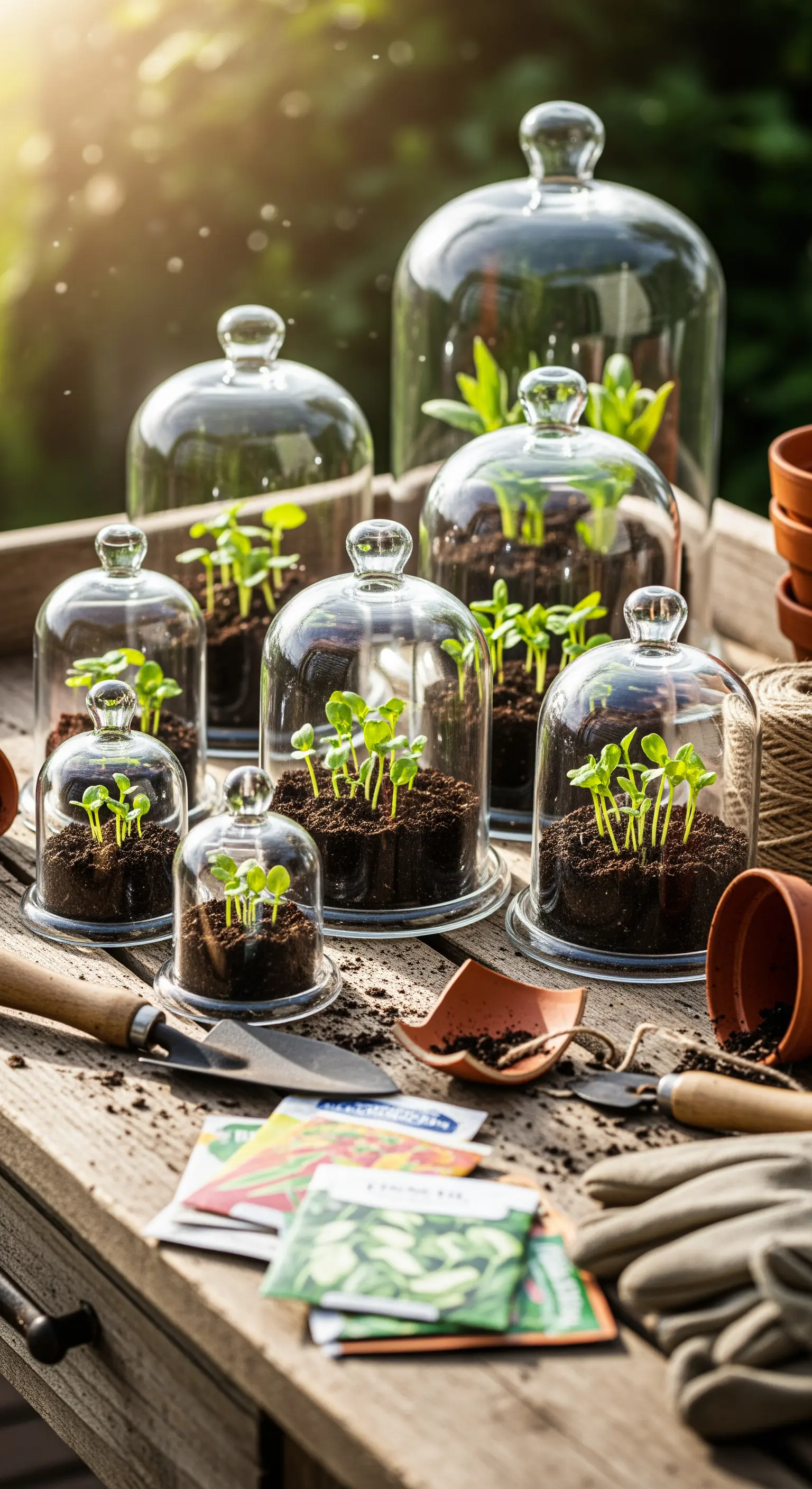 Setzlinge in kleinen Glasglocken auf einer Holzbank mit Gartengeräten