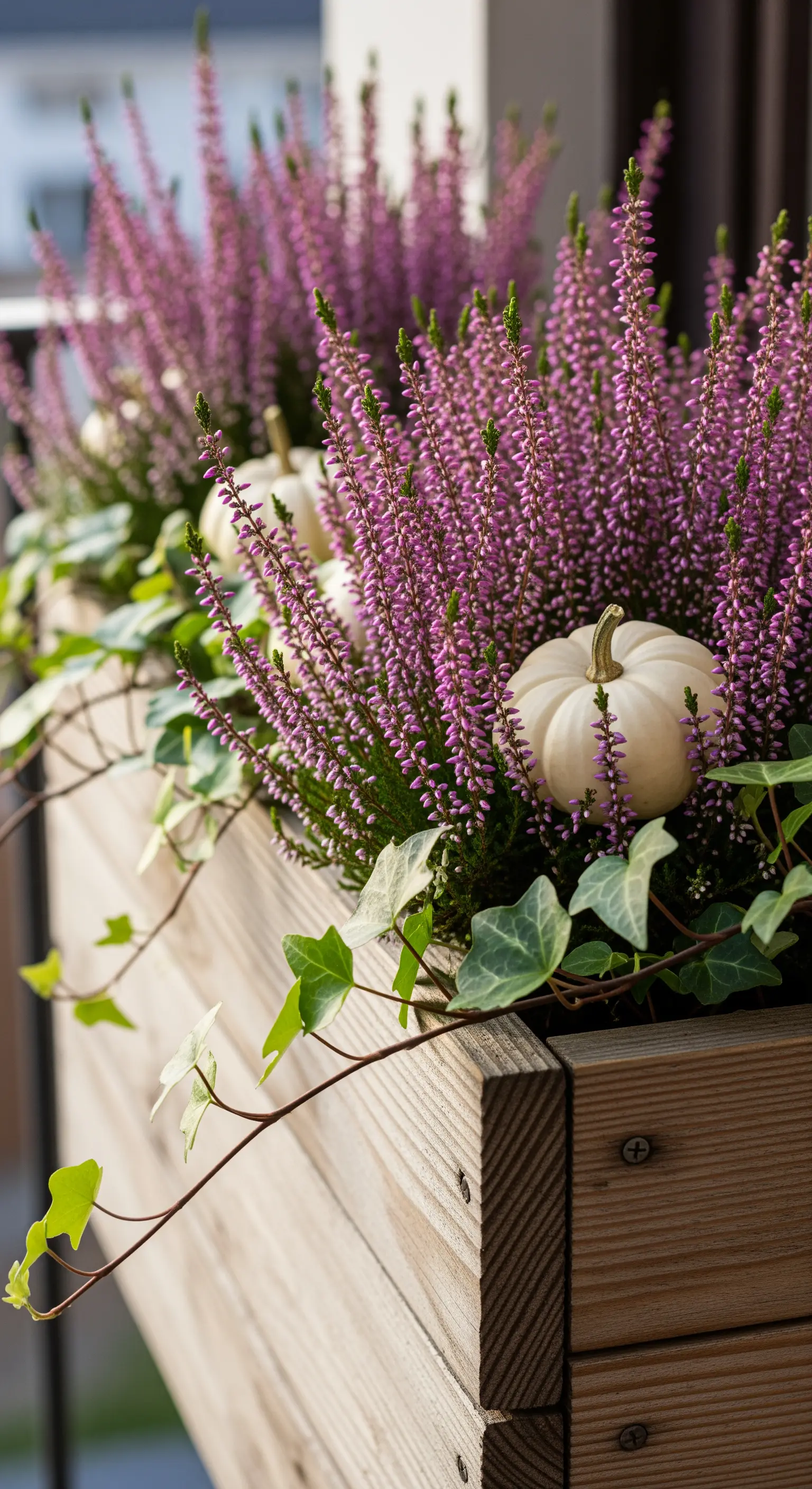 Balkonkasten mit Heidekraut, Efeu und weißen Mini-Kürbissen