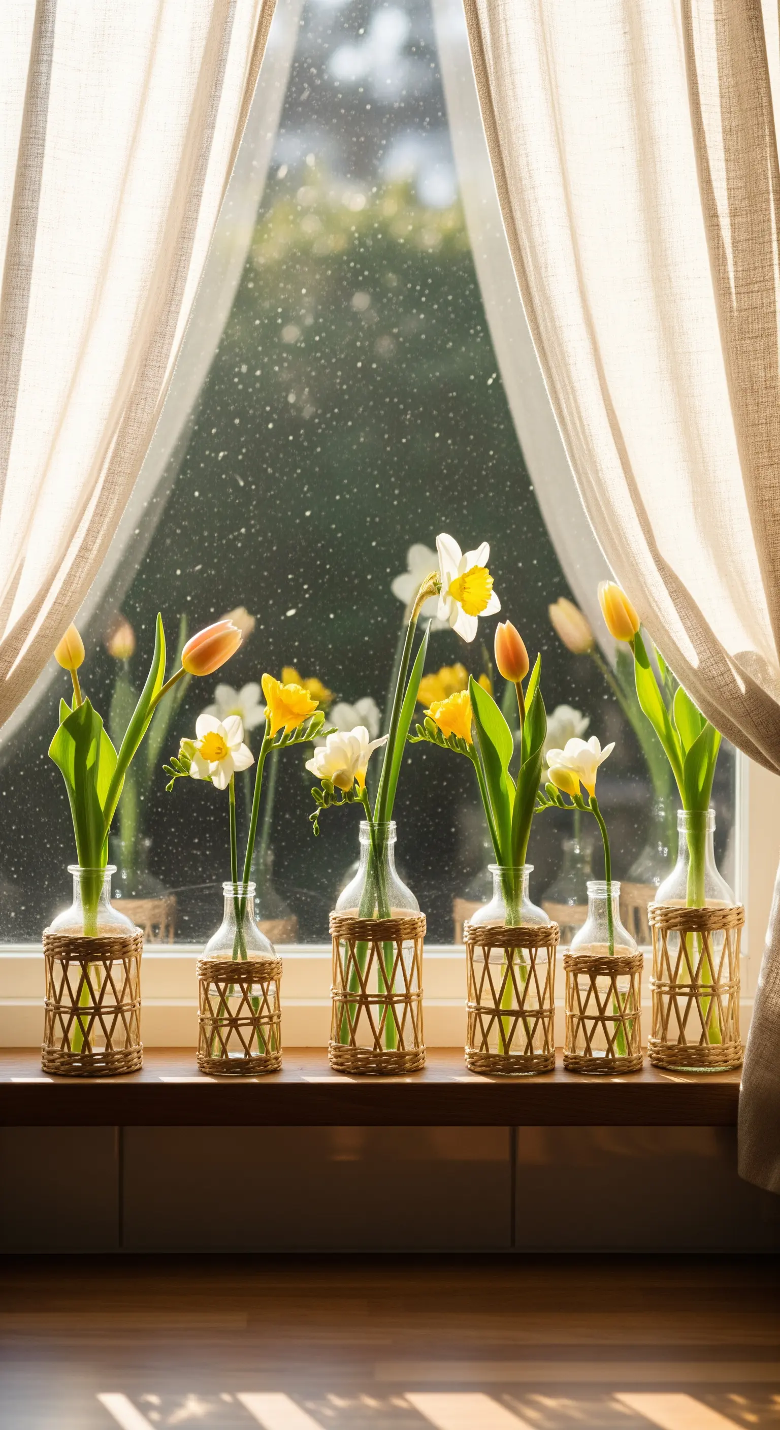 Fensterbank mit Rattan-Vasen und einzelnen Frühlingsblumen