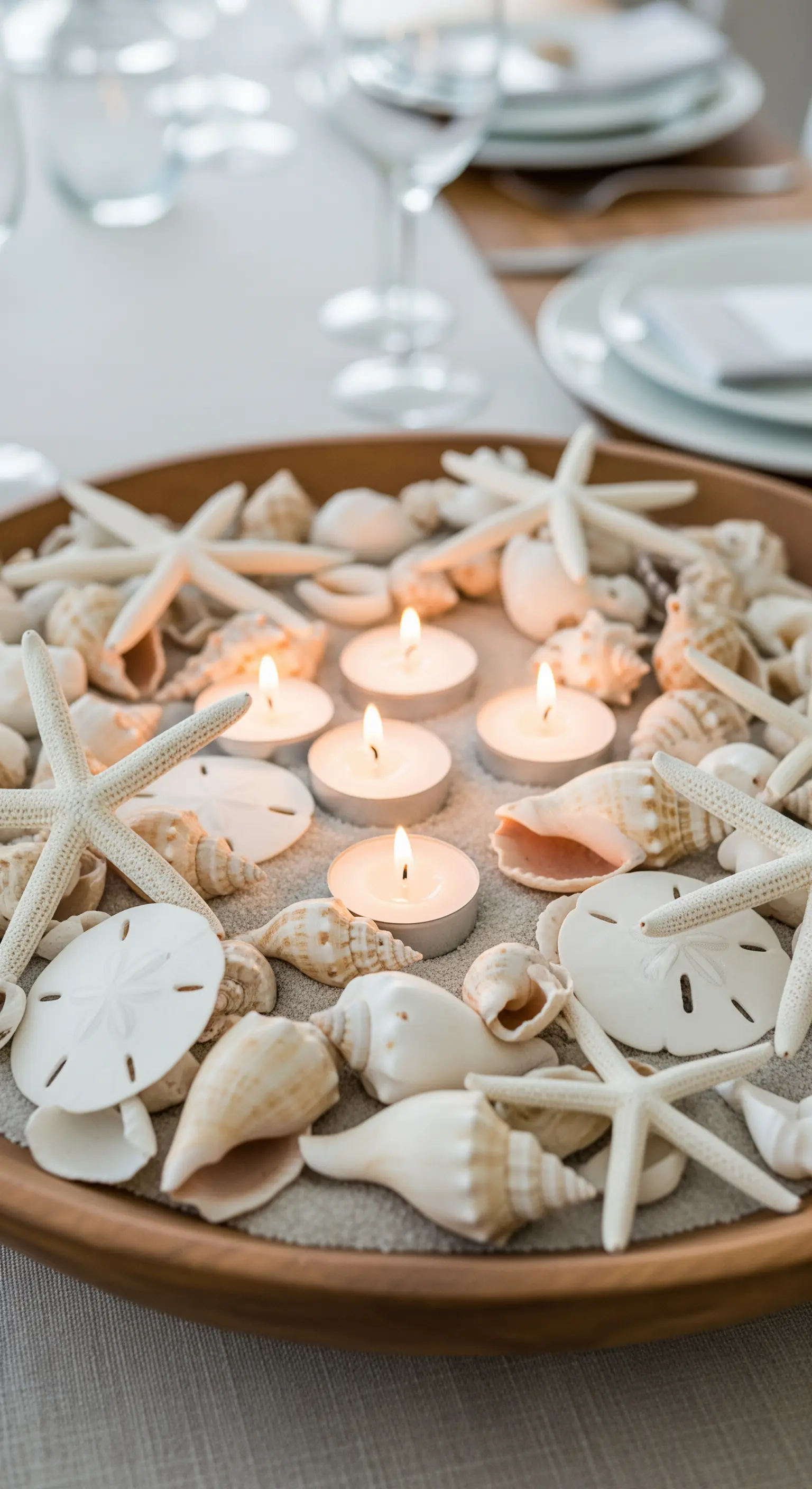 Flache Holzschale gefüllt mit Sand, Muscheln, Seesternen und brennenden Teelichtern.