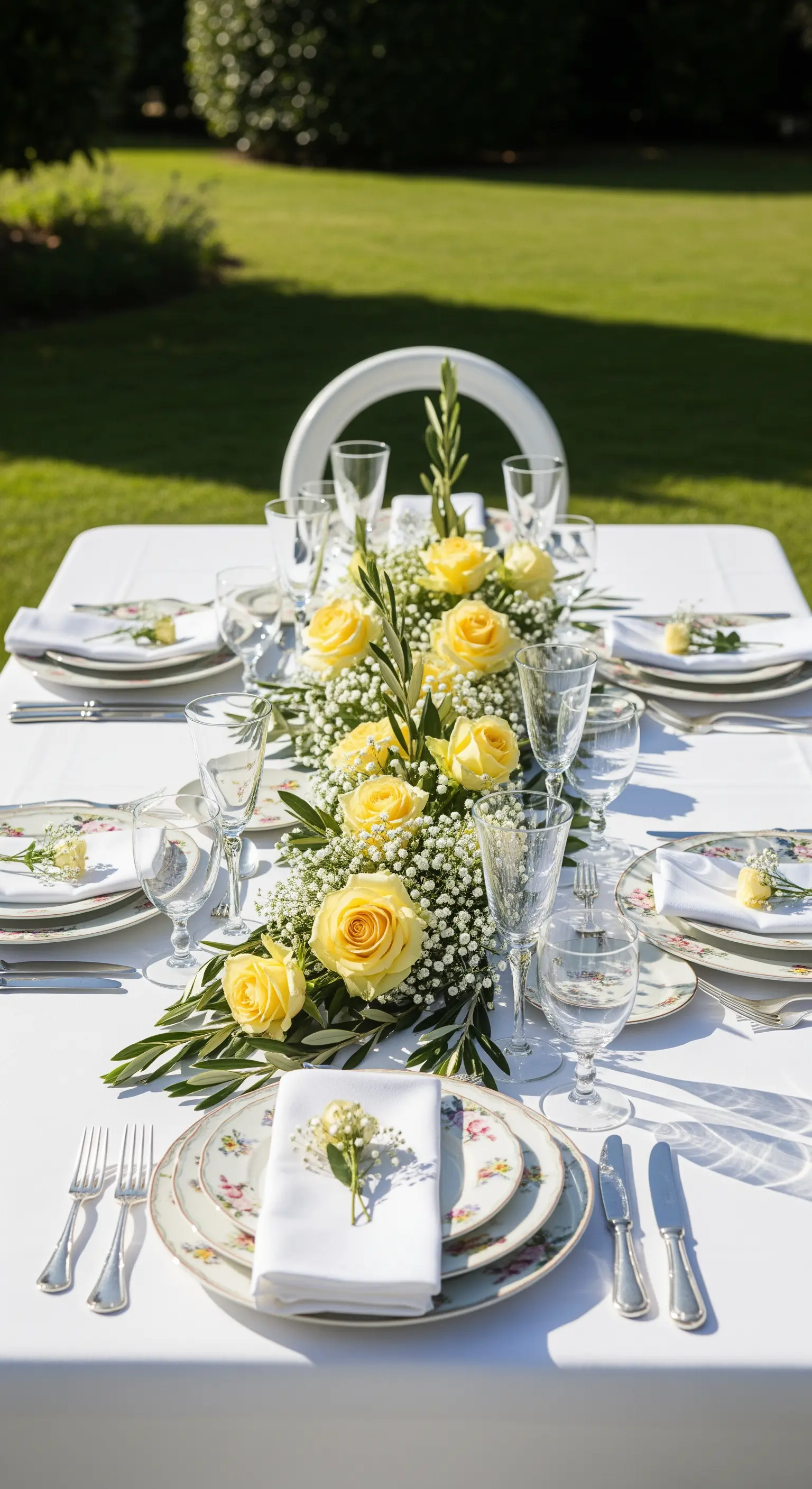 Elegante Gartentafel mit gelben Rosen, Schleierkraut und feinem Porzellan