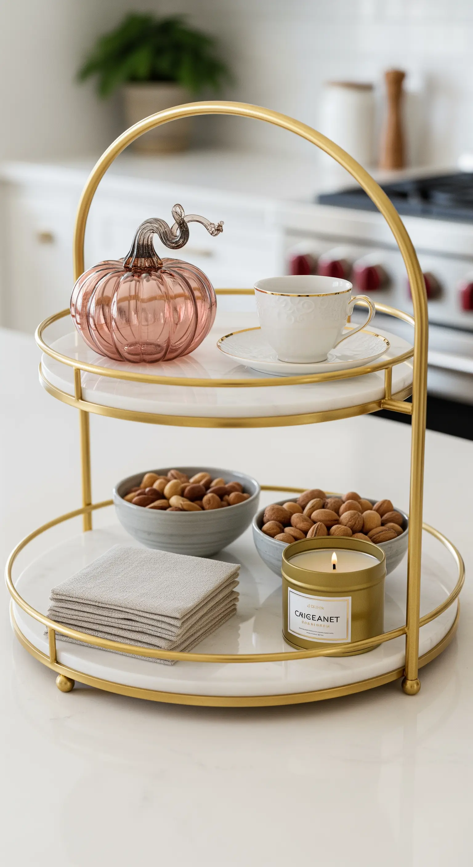 Gold-Marmor-Etagere mit Glas-Kürbis und Mandeln