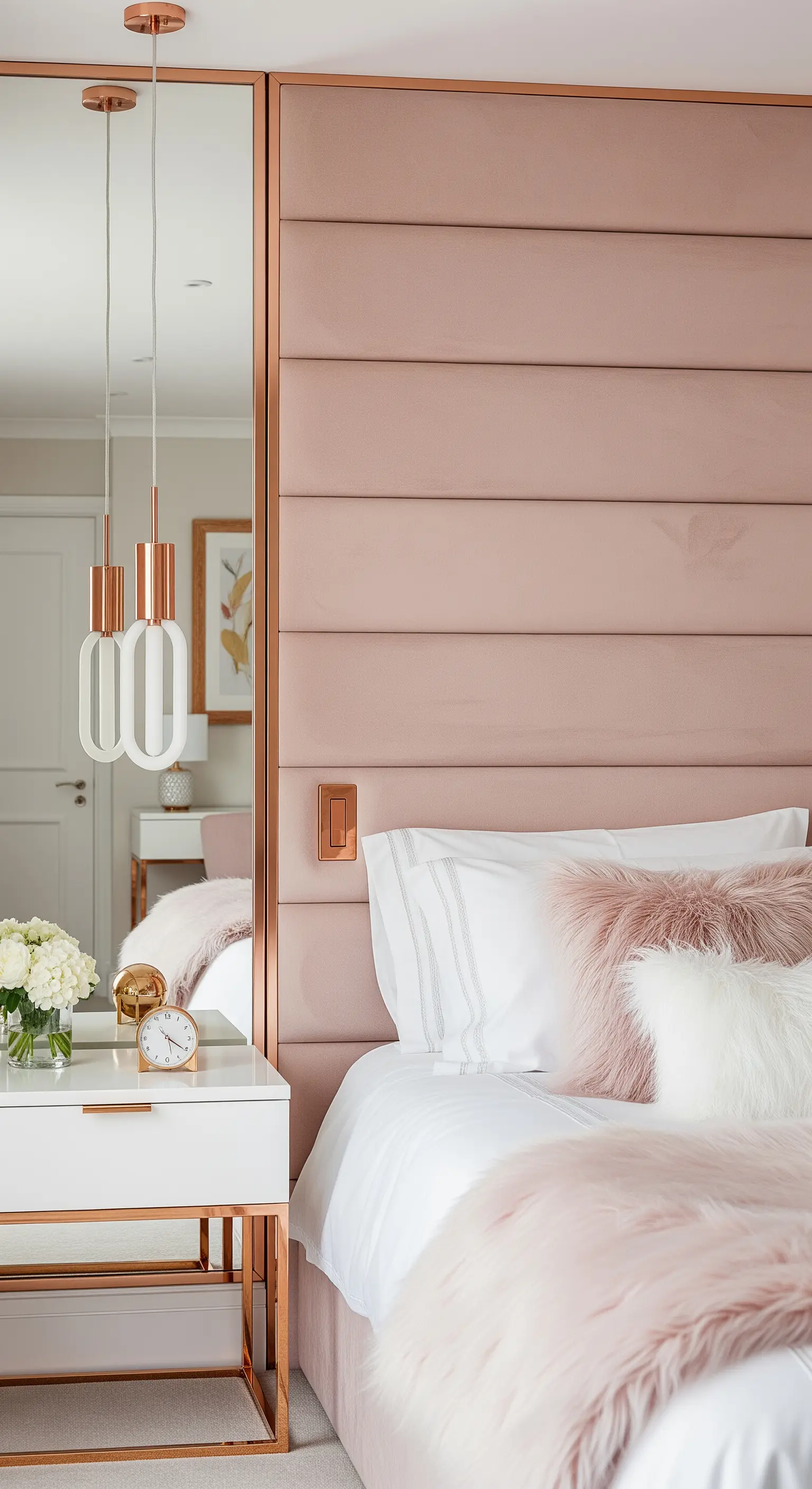 Gepolsterte Wandpaneele in Altrosa mit Kupferrahmen und integriertem Spiegel neben dem Bett.