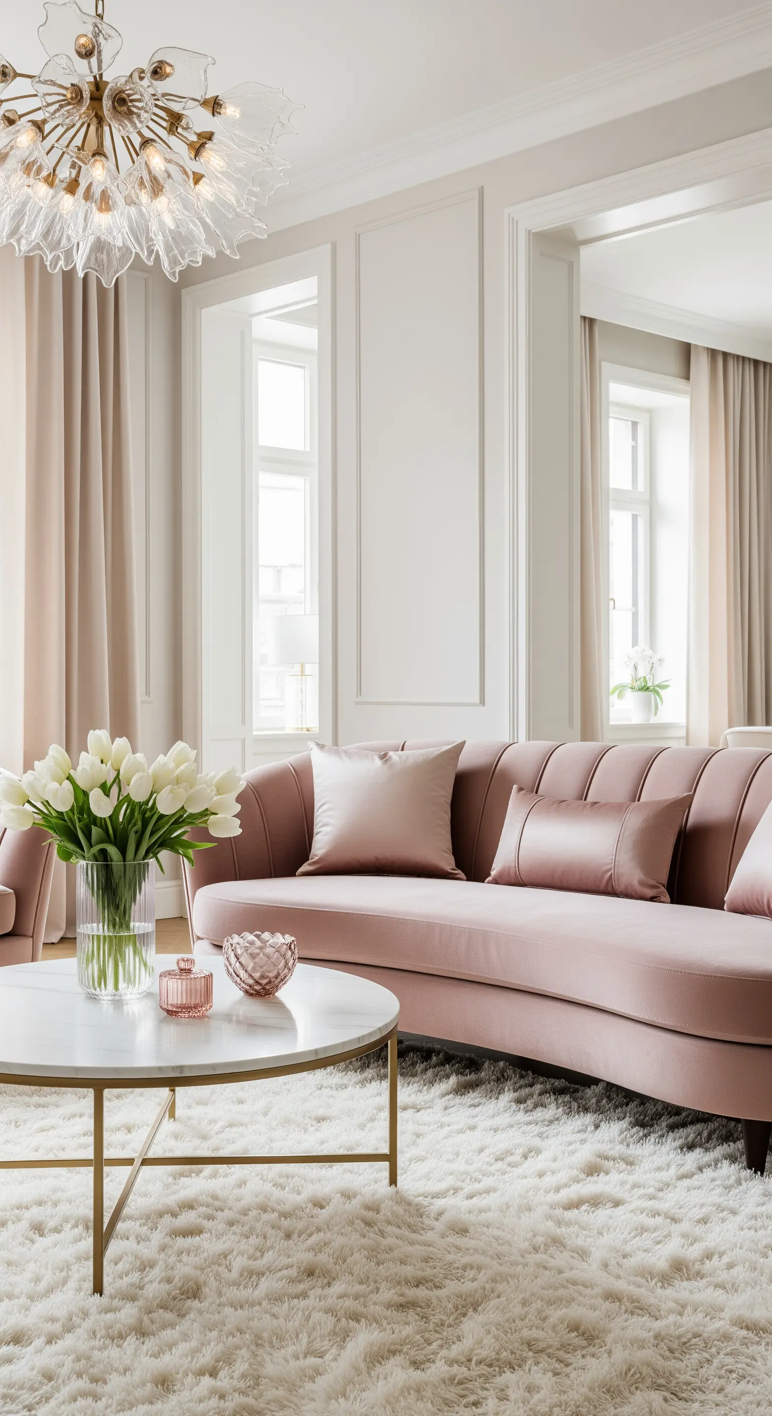 Elegantes Wohnzimmer mit einem geschwungenen rosa Samtsofa auf einem weißen Hochflorteppich.