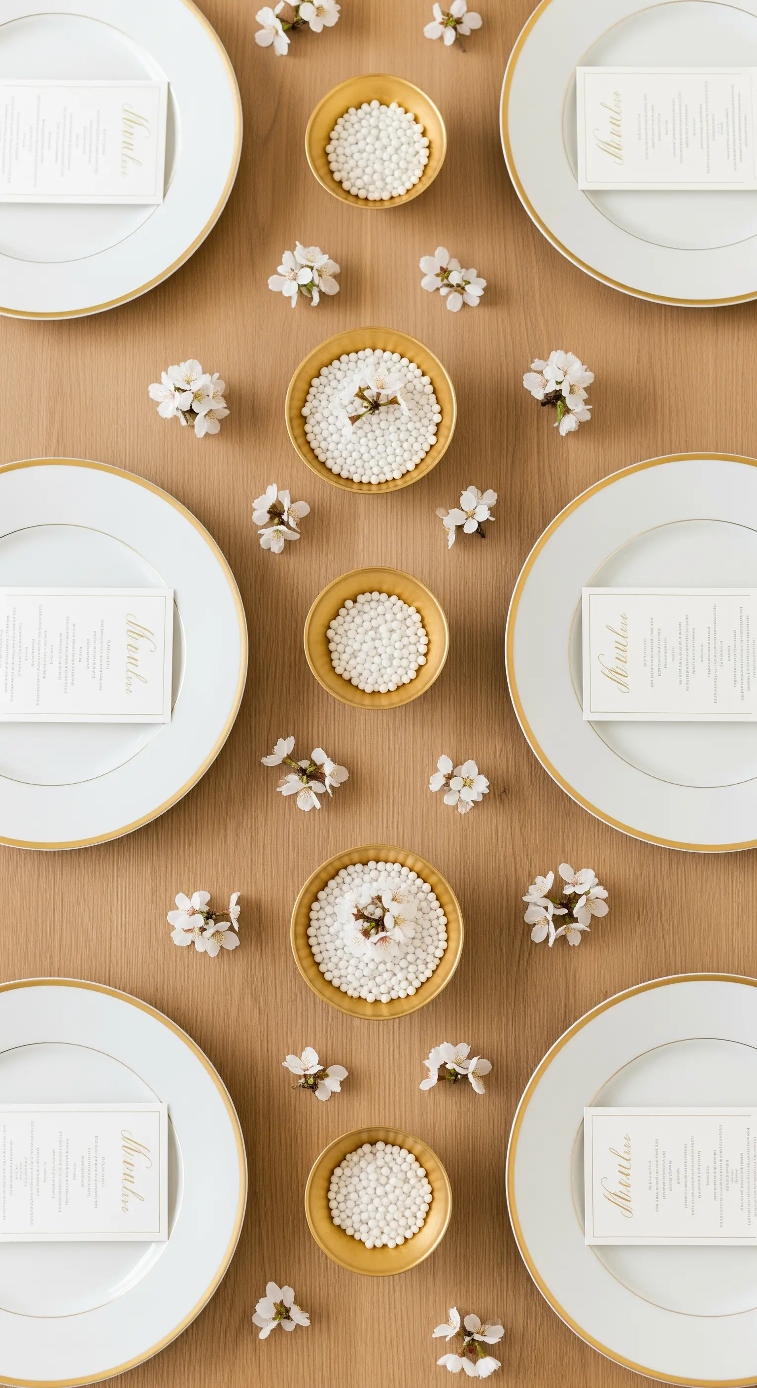 Minimalistisches Oster-Gedeck mit Goldrand und Kirschblüten