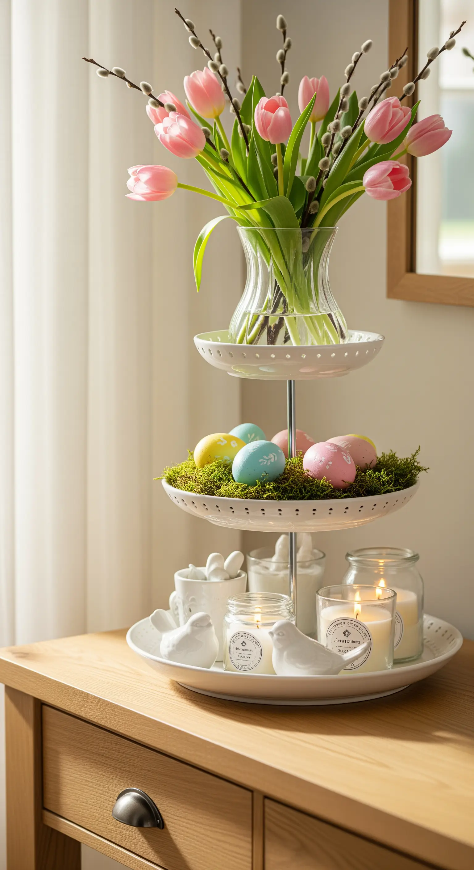 Etagere mit rosa Tulpen, Ostereiern auf Moos und weißen Kerzen für den Frühling