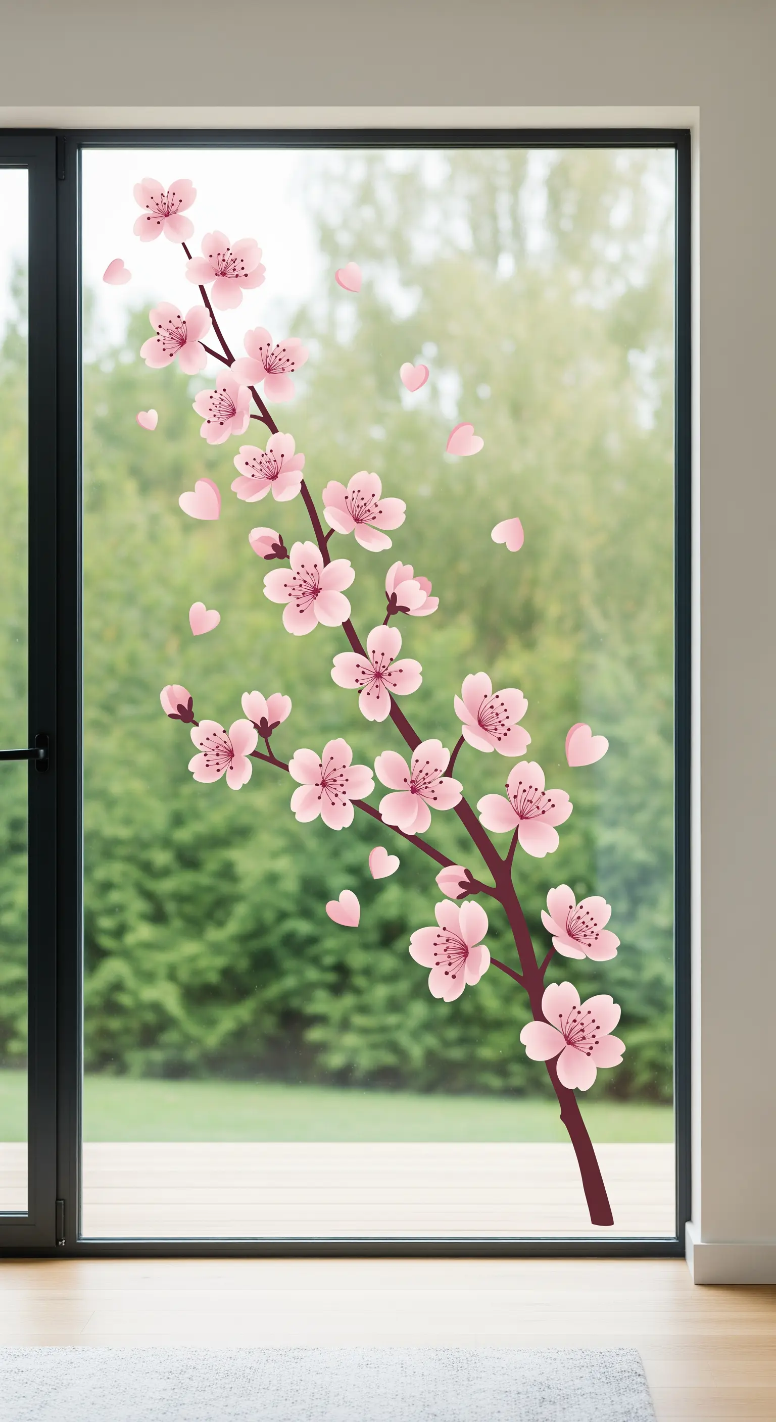 Großer Fenstersticker eines rosa blühenden Kirschblütenzweigs mit fallenden Herzblüten.