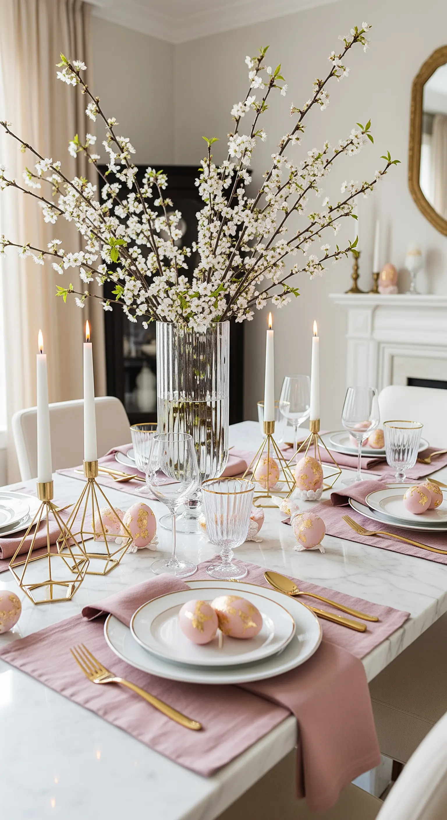 Rosa-goldene Ostertafel mit blühenden Zweigen und eleganten Kerzenhaltern auf Marmortisch.
