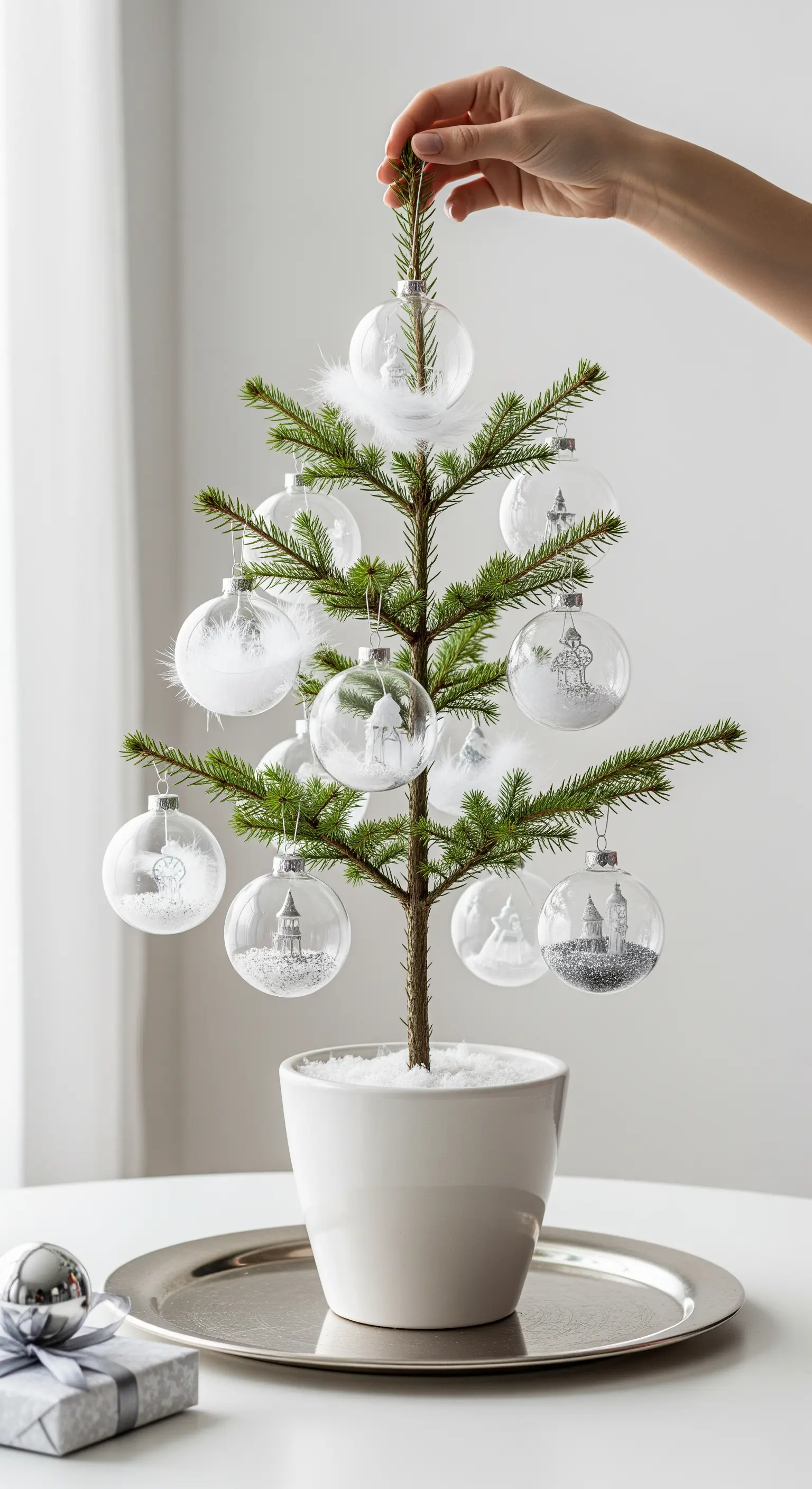 Kleiner Weihnachtsbaum mit transparenten Glaskugeln und weißer Mini-Deko.