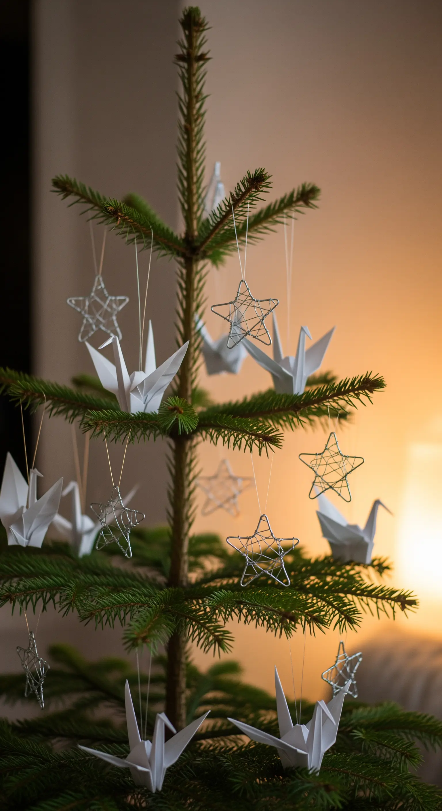 Kleiner Weihnachtsbaum mit weißen Origami-Kranichen und Drahtsternen.