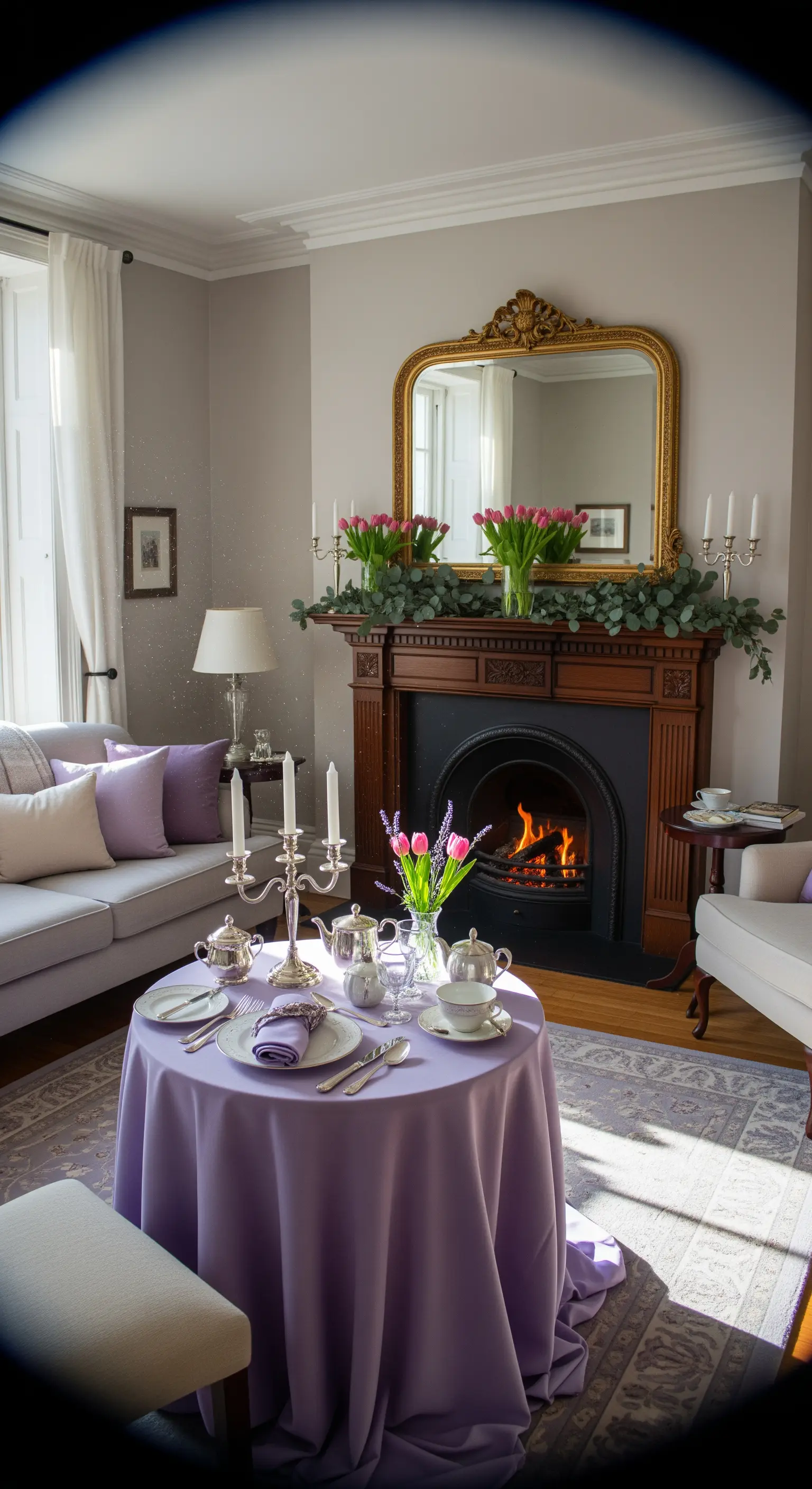 Teetrink-Arrangement mit lavendelfarbener Tischdecke, Silberservice, Tulpen und Kamin-Deko.