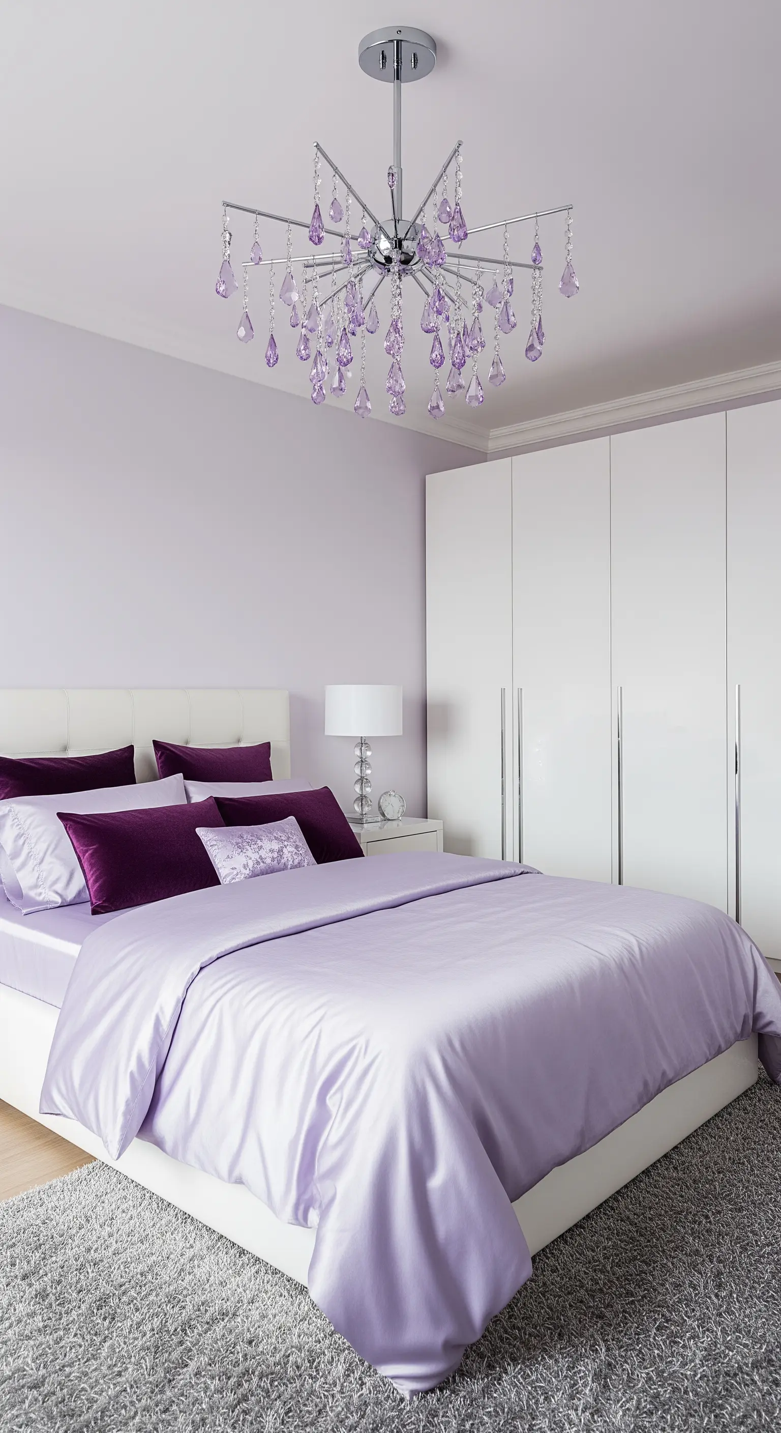 Schlafzimmer in Lavendel mit modernem Kronleuchter mit lila Kristallen.