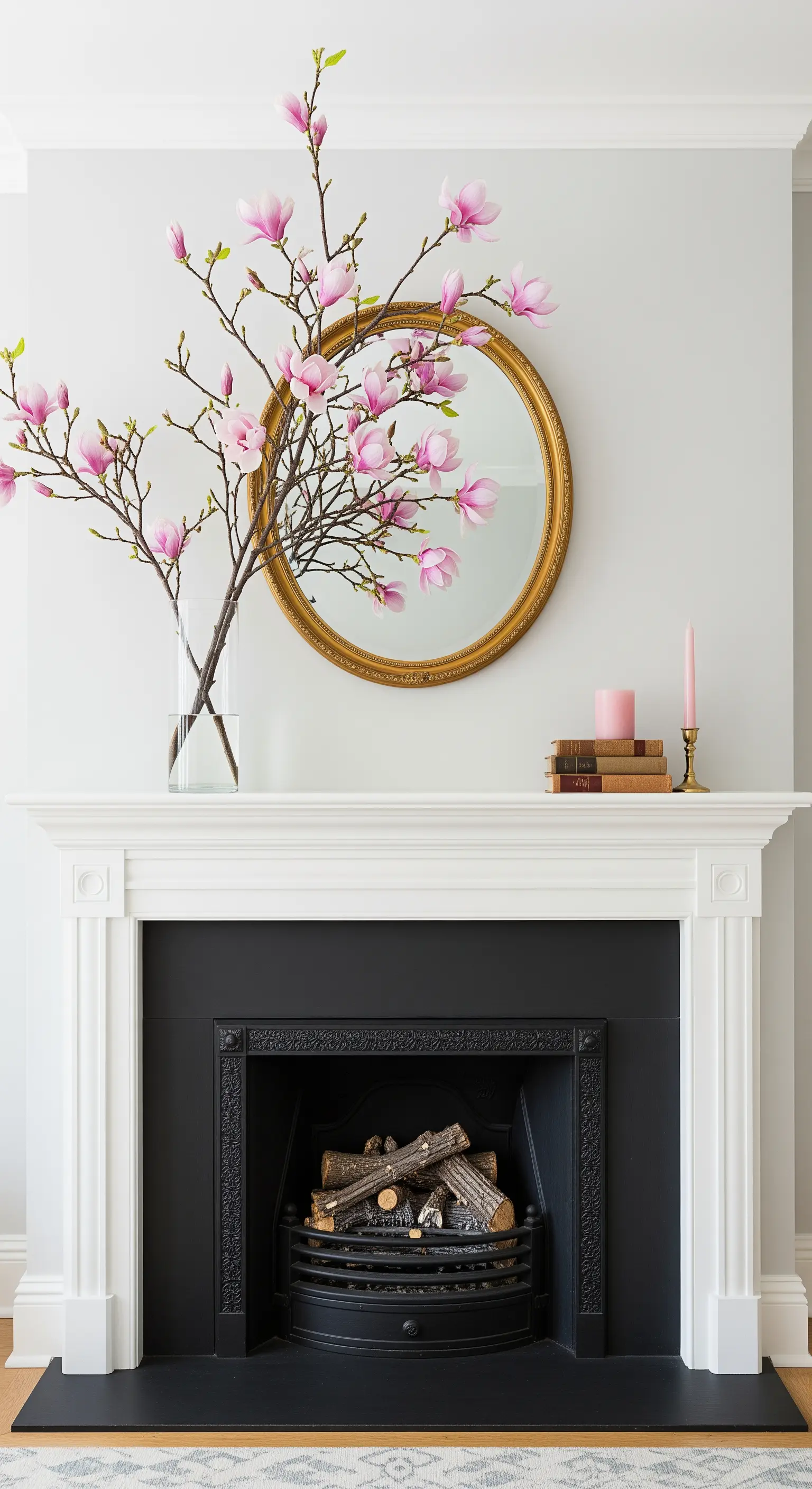 Magnolienzweige in einer Glasvase neben einer rosa Kerze und Büchern auf einem Kamin.