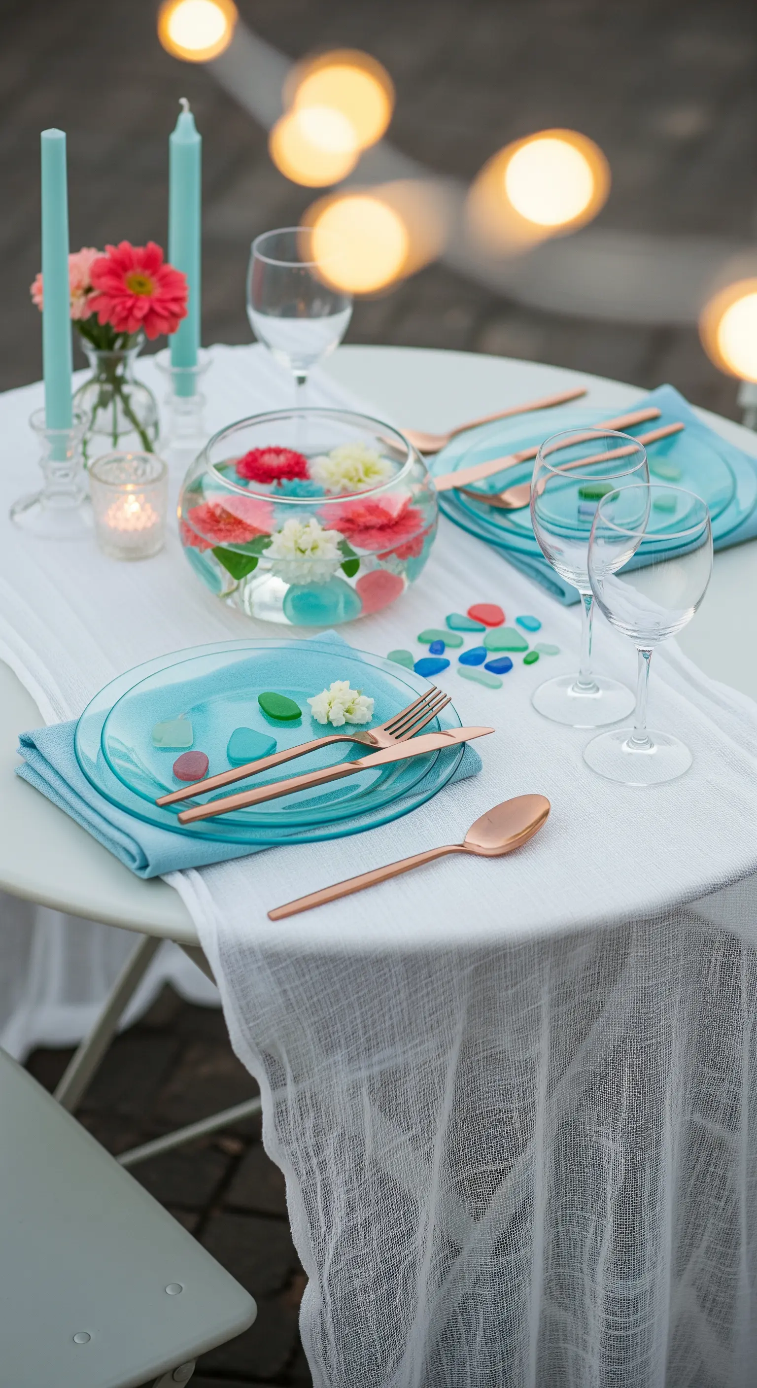 Leichte Tischdeko mit türkisfarbenem Geschirr, Meerglas und schwimmenden Blüten.