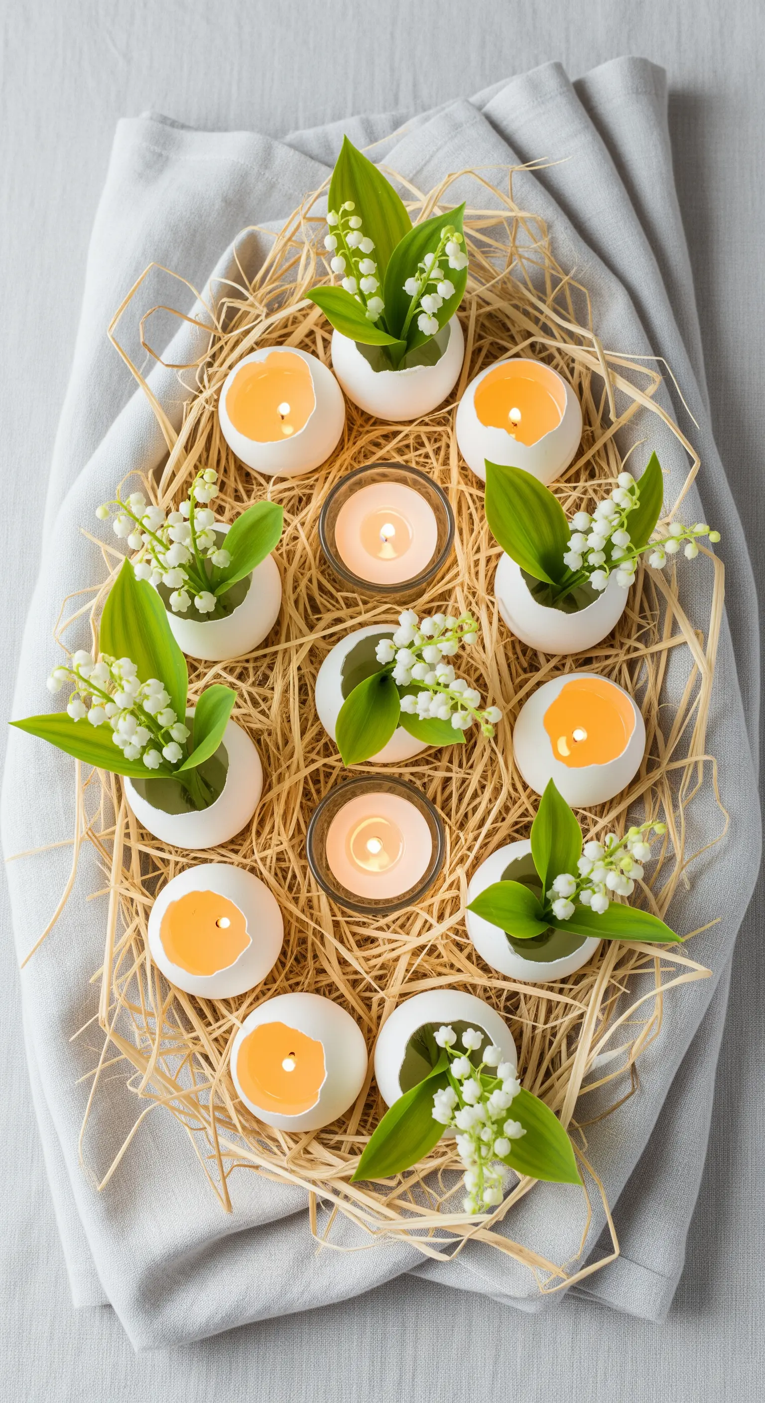 Filigrane Osterdeko: Maiglöckchen und Kerzen in Eierschalen auf Stroh