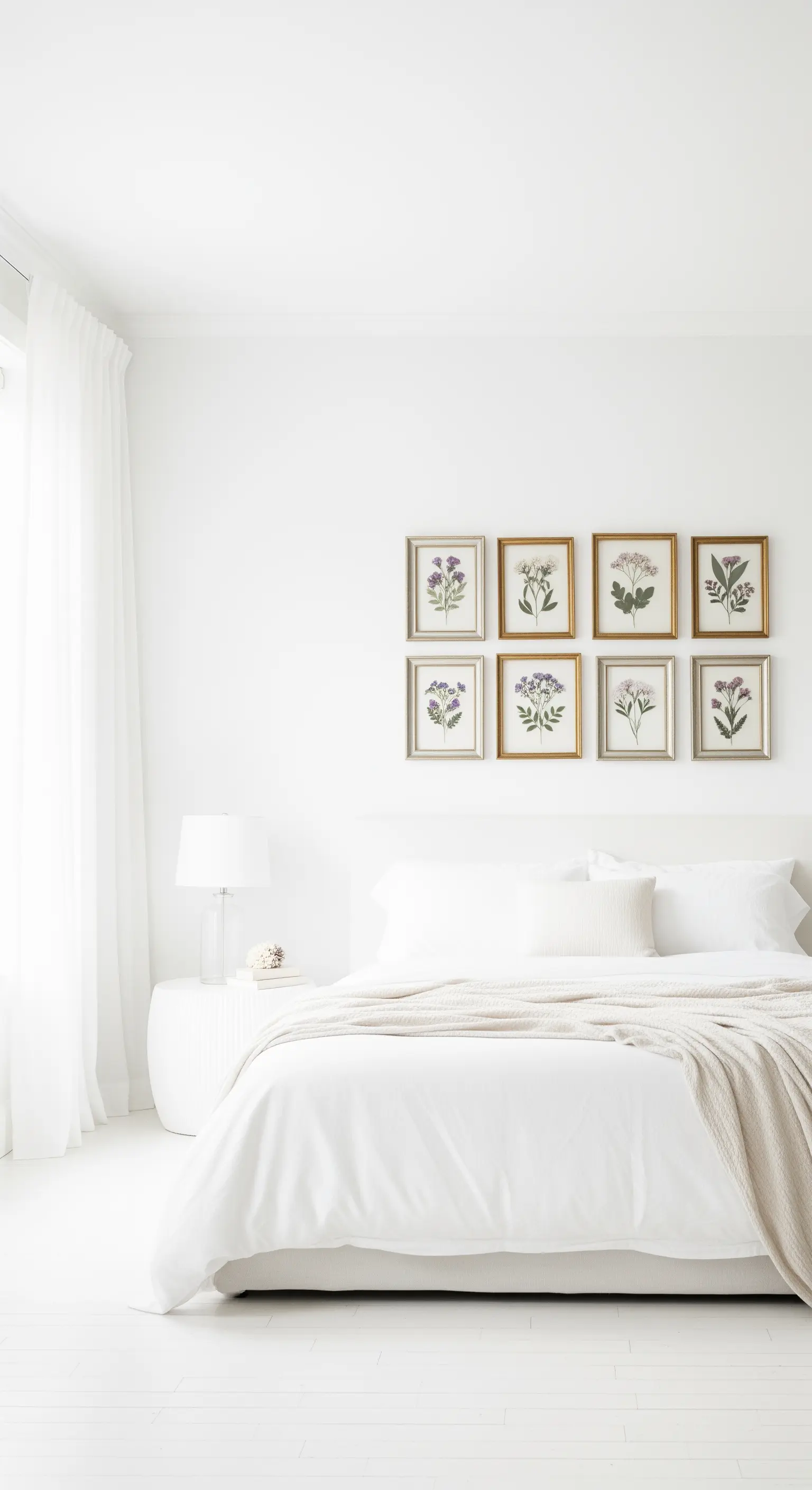 Minimalistisches weißes Schlafzimmer mit einer Galerie aus gepressten Blumen in Gold- und Silberrahmen.