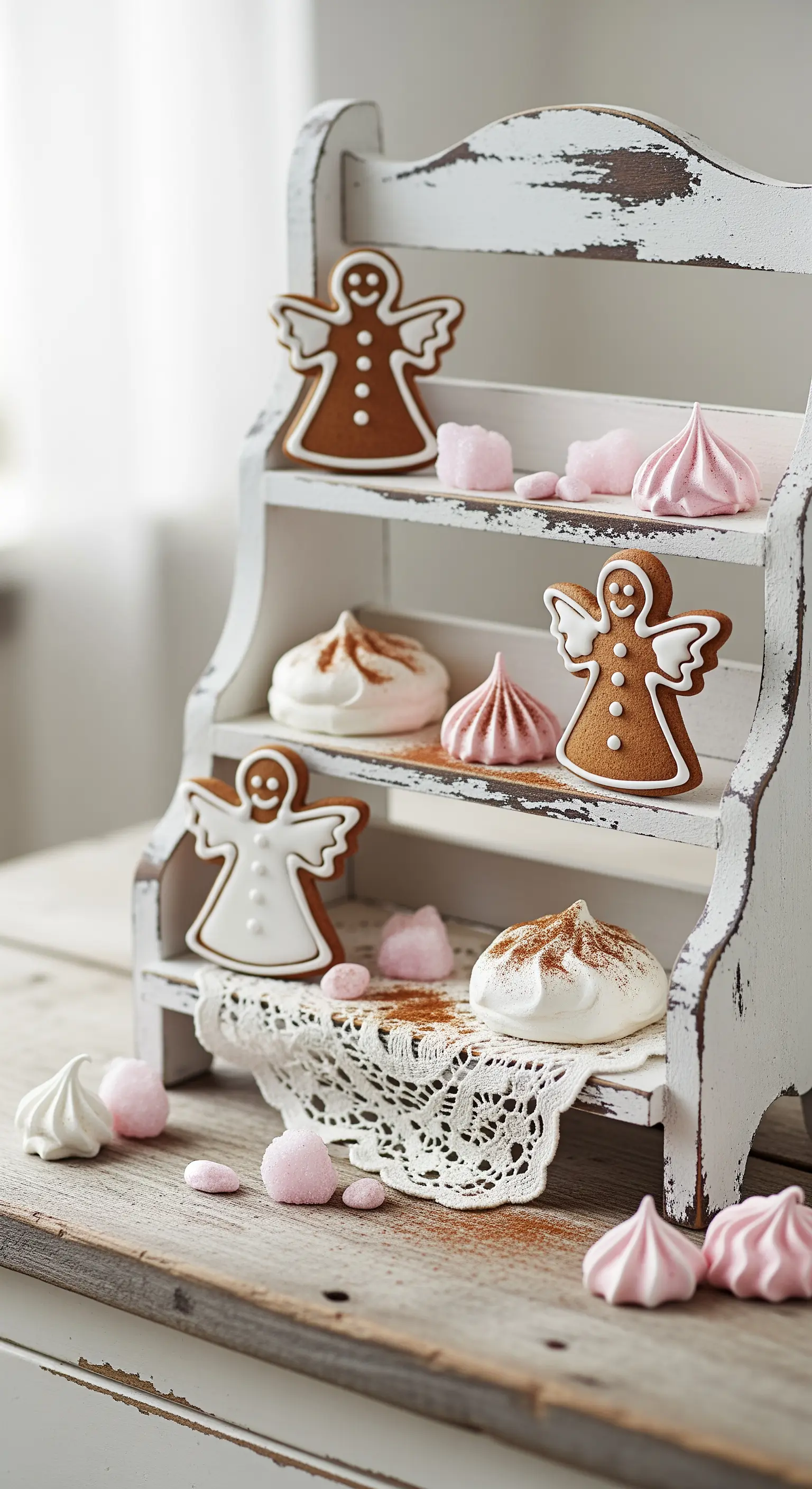 Weißes Shabby-Chic-Regal mit Lebkuchen-Engeln und Baiser.