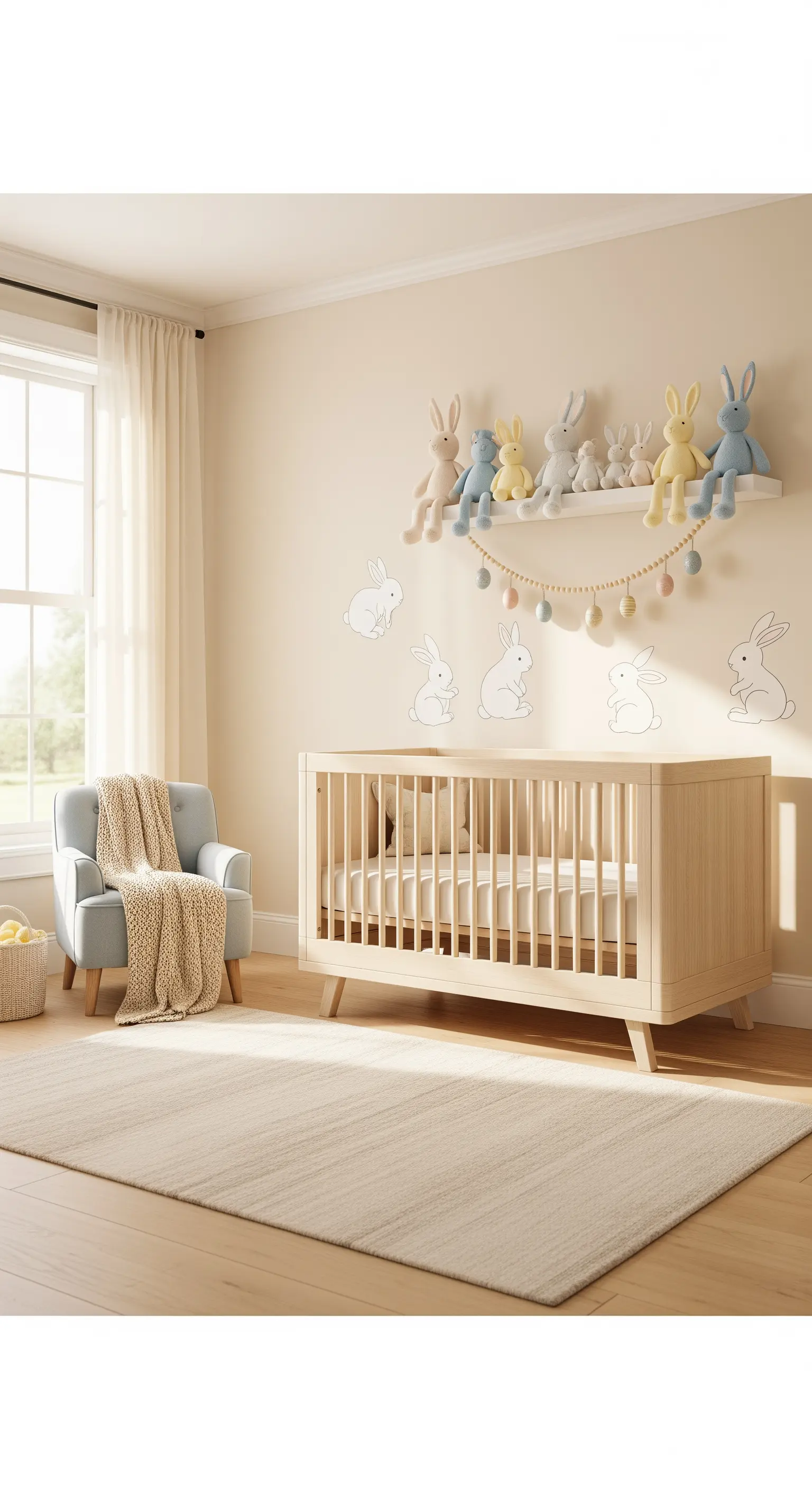 Kinderzimmer mit Hasen-Deko, Ei-Girlande und sanften Farben