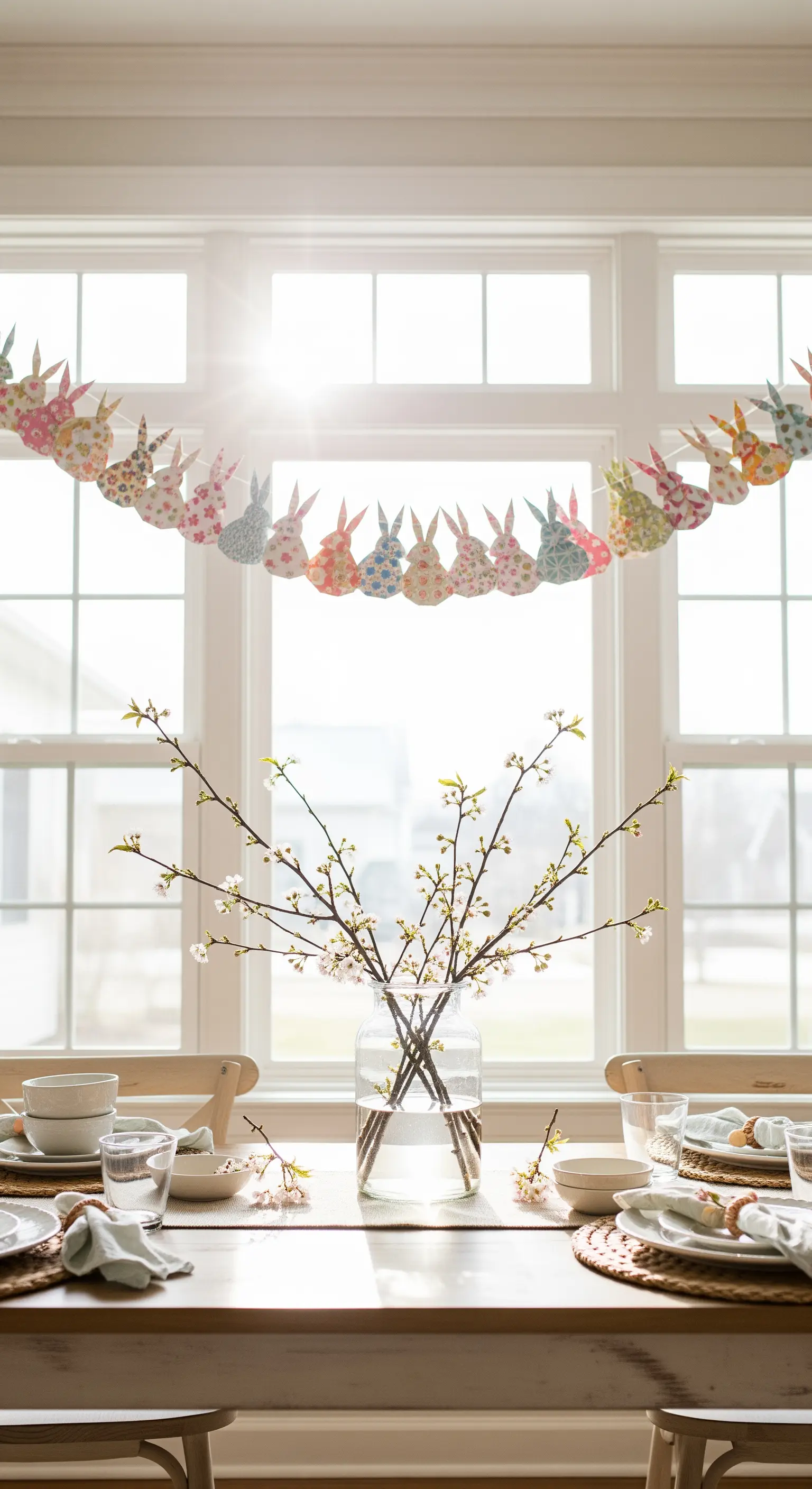 Fenster mit Papierhasen-Girlande, die das Tageslicht sanft filtert