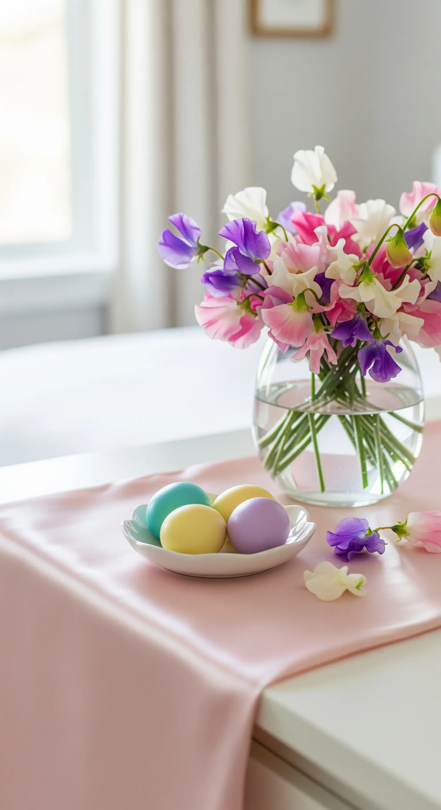 Tisch mit rosa Läufer, Wicken in Vase und kleiner Schale mit Pastell-Ostereiern.