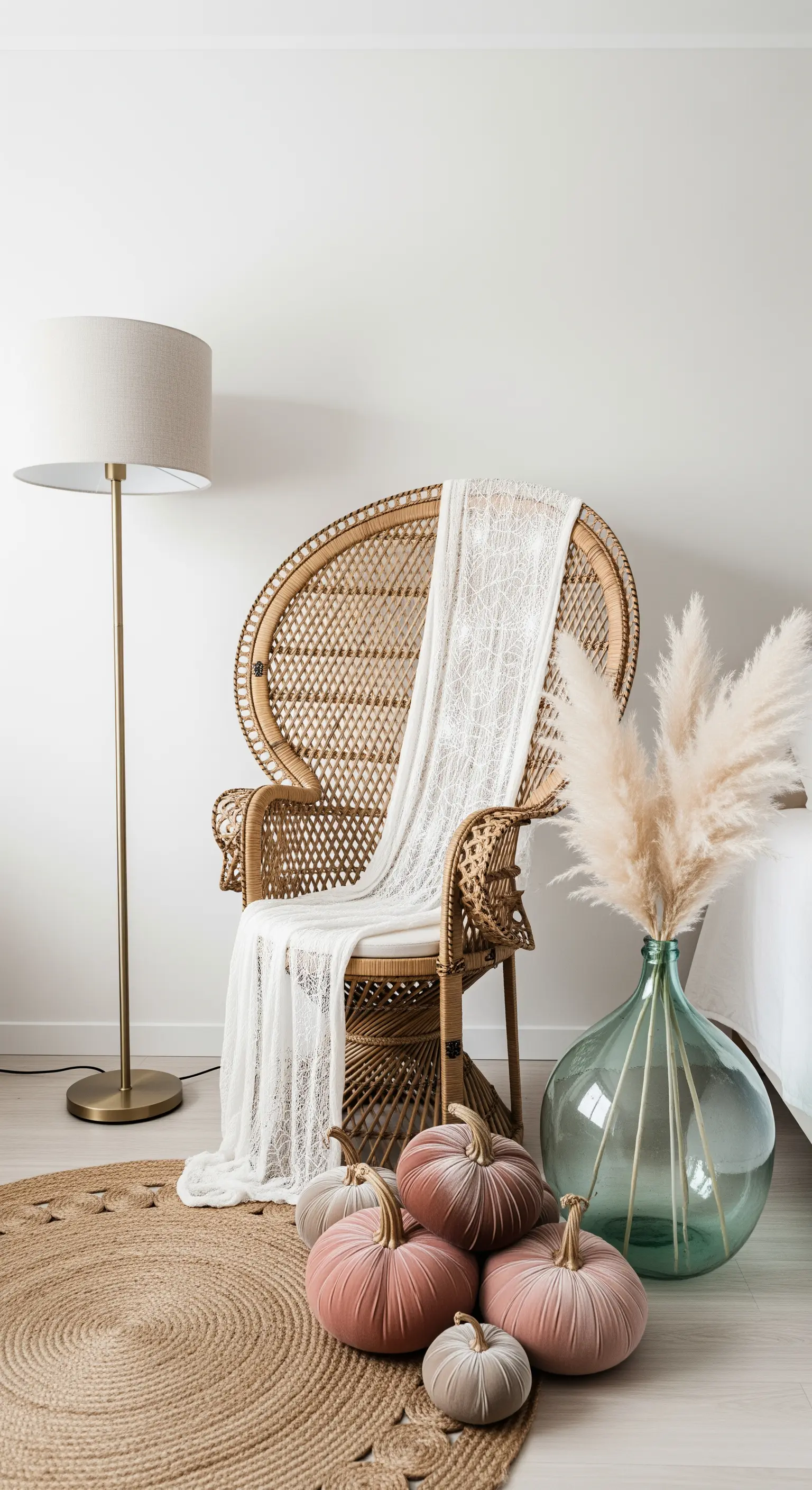 Rattan-Sessel mit rosa Samt-Kürbissen und Pampasgras in einer Glasvase.