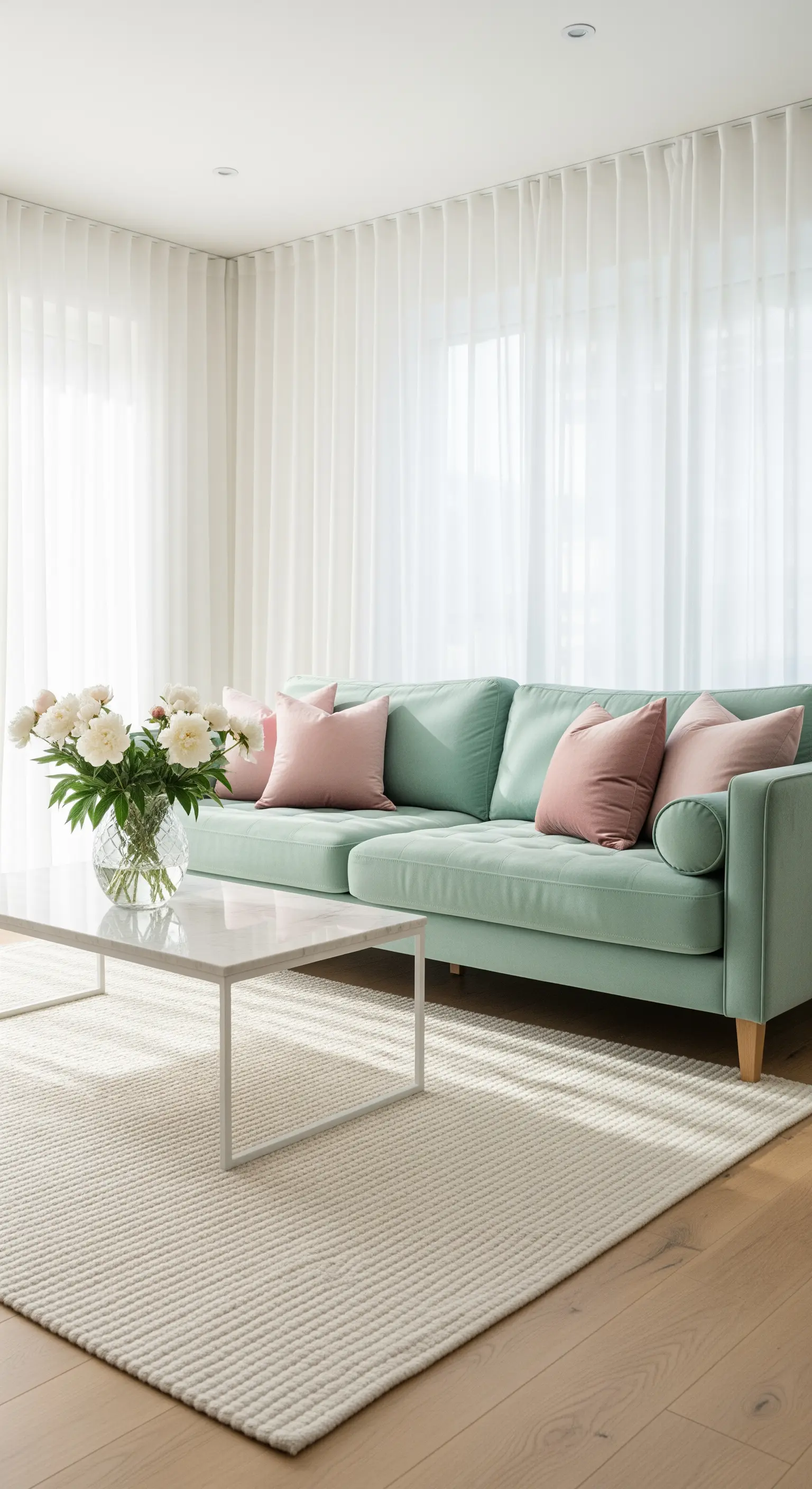 Mintgrünes Sofa mit rosa Kissen, weißer Couchtisch, Pfingstrosen, heller Teppich