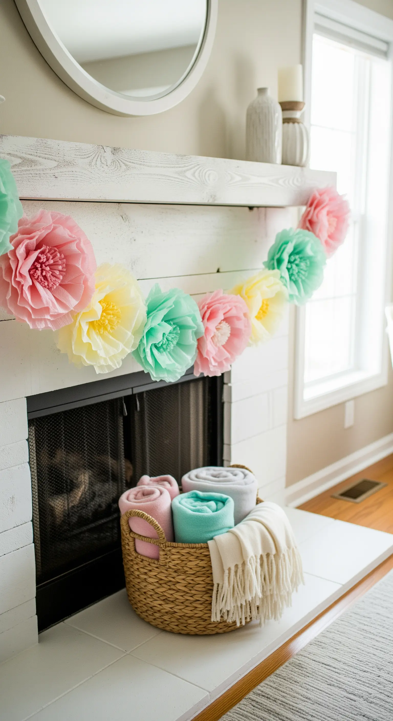 DIY-Girlande aus Papierblumen in Pastellfarben für den Frühling.