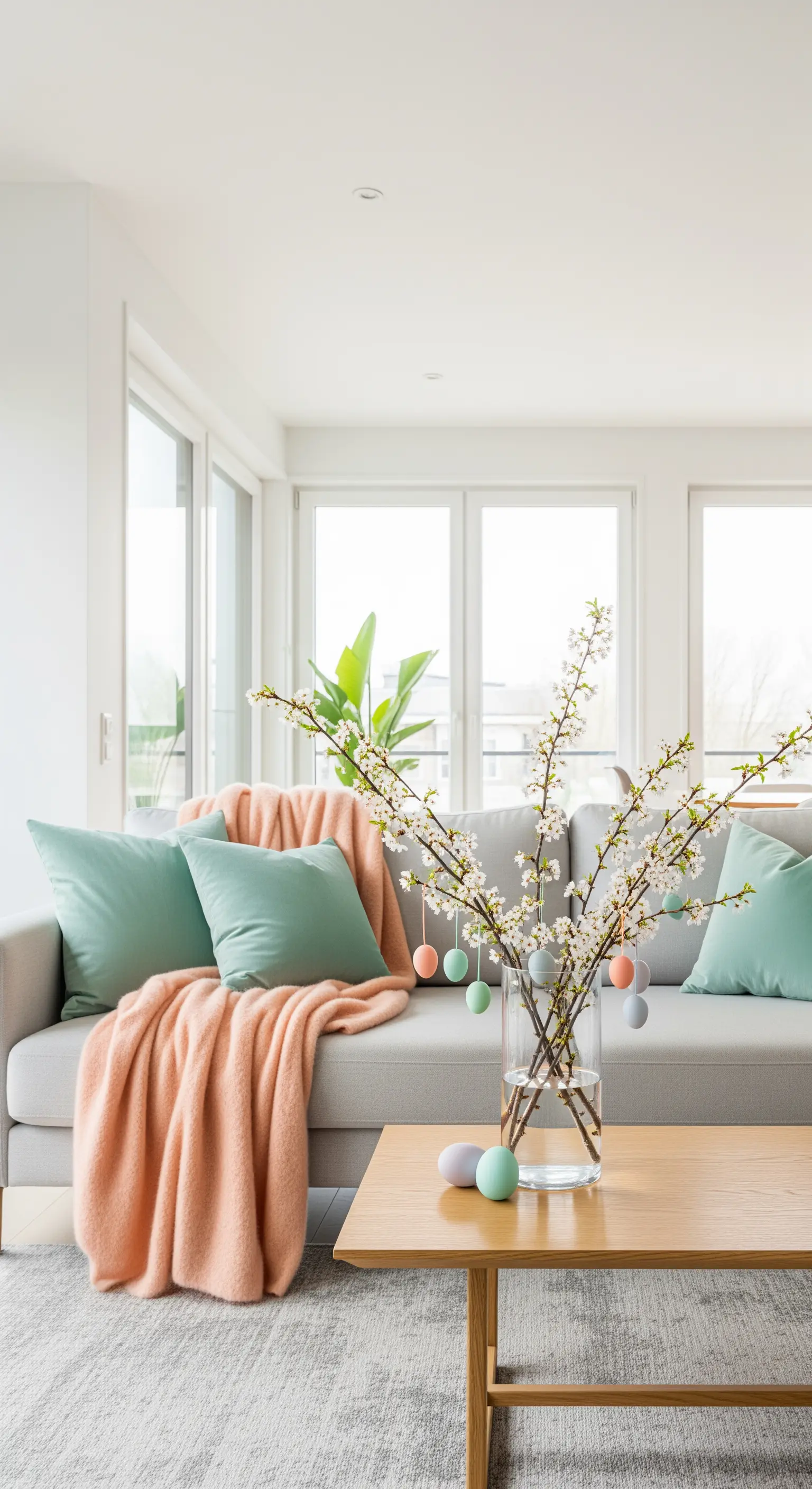 Wohnzimmer mit pastellfarbenen Kissen und Decke, Kirschblütenzweige mit Ostereiern.
