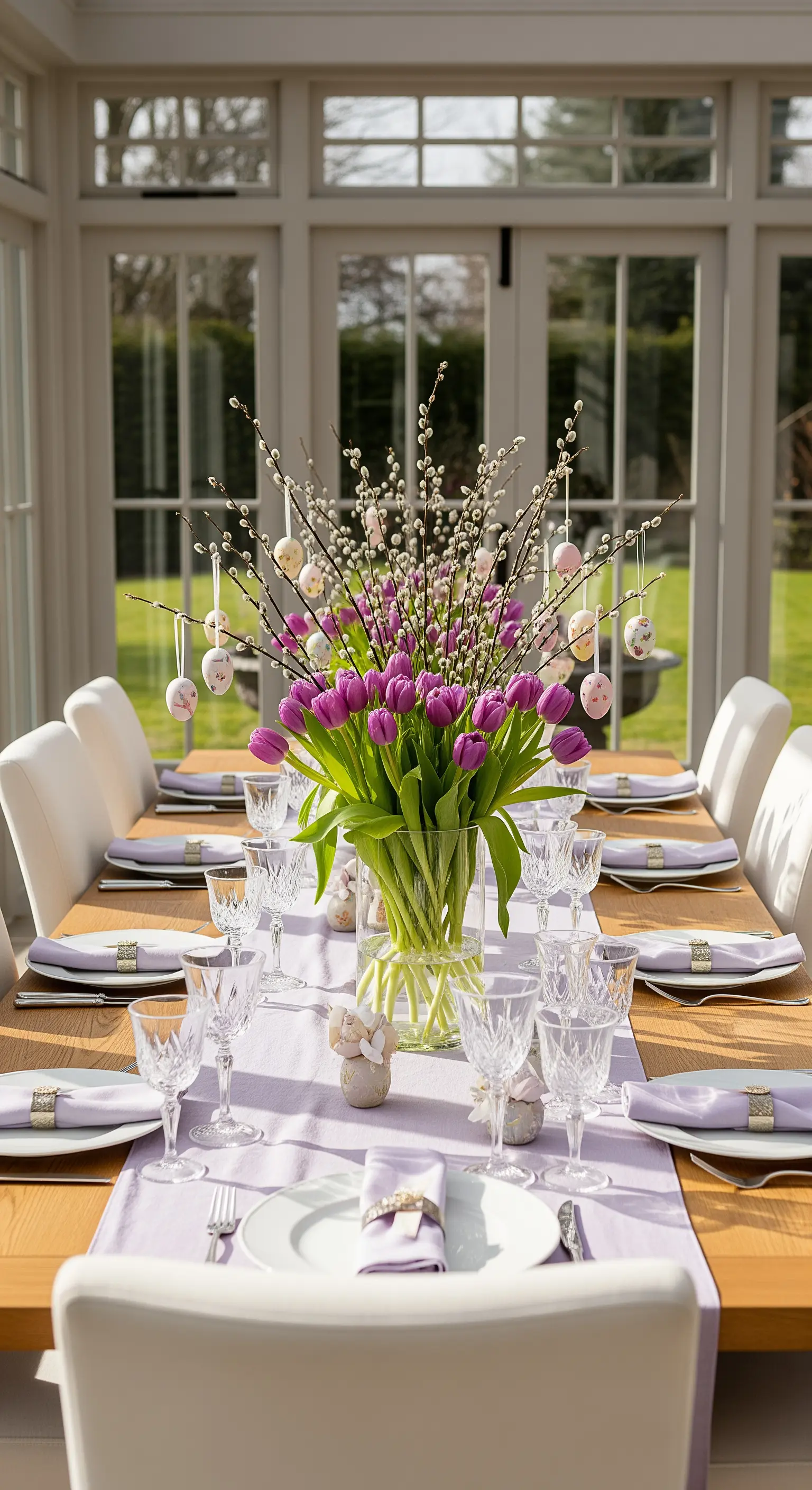 Ostertafel mit lila Tulpen, Weidenkätzchen und pastellfarbenen Ostereiern