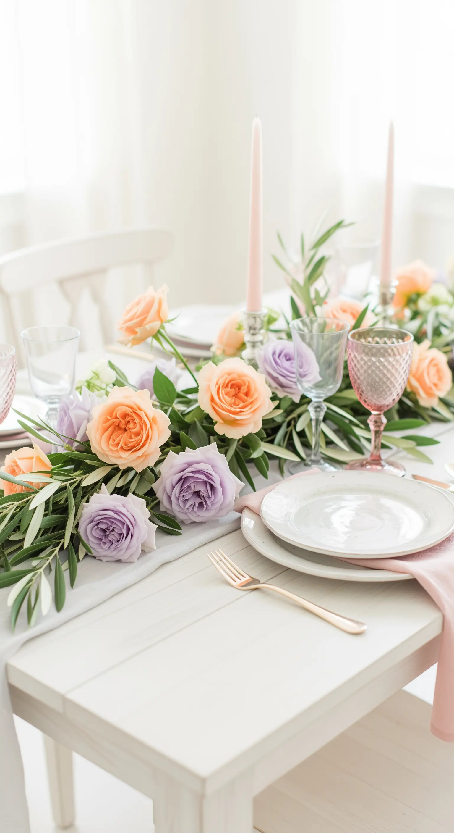 Helle Tischdeko mit Rosen in Apricot und Lavendel, rosa Gläsern und Kerzen