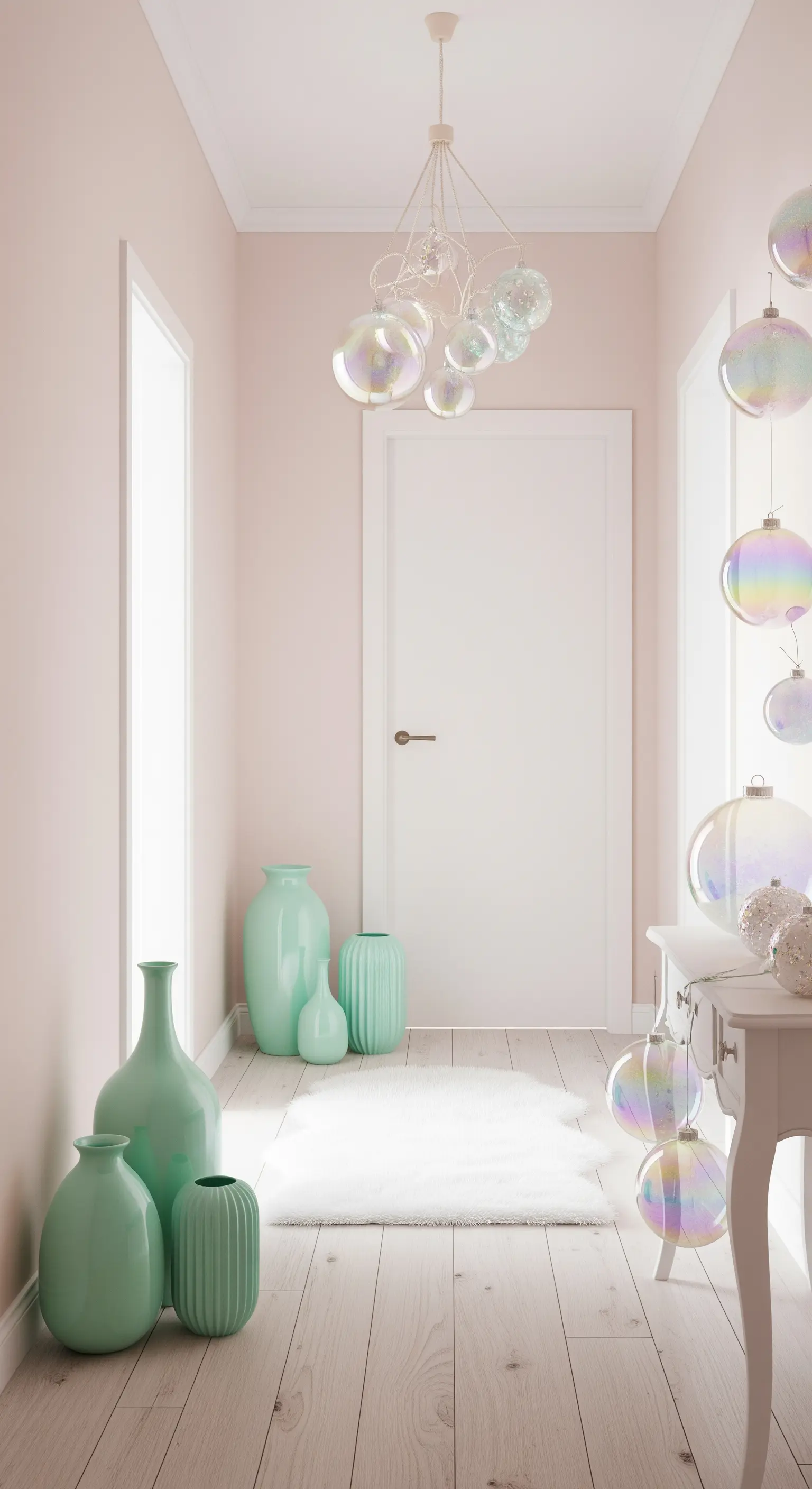Pastellfarbener Flur in Rosa und Mint mit schimmernden Kugeln und flauschigem Teppich