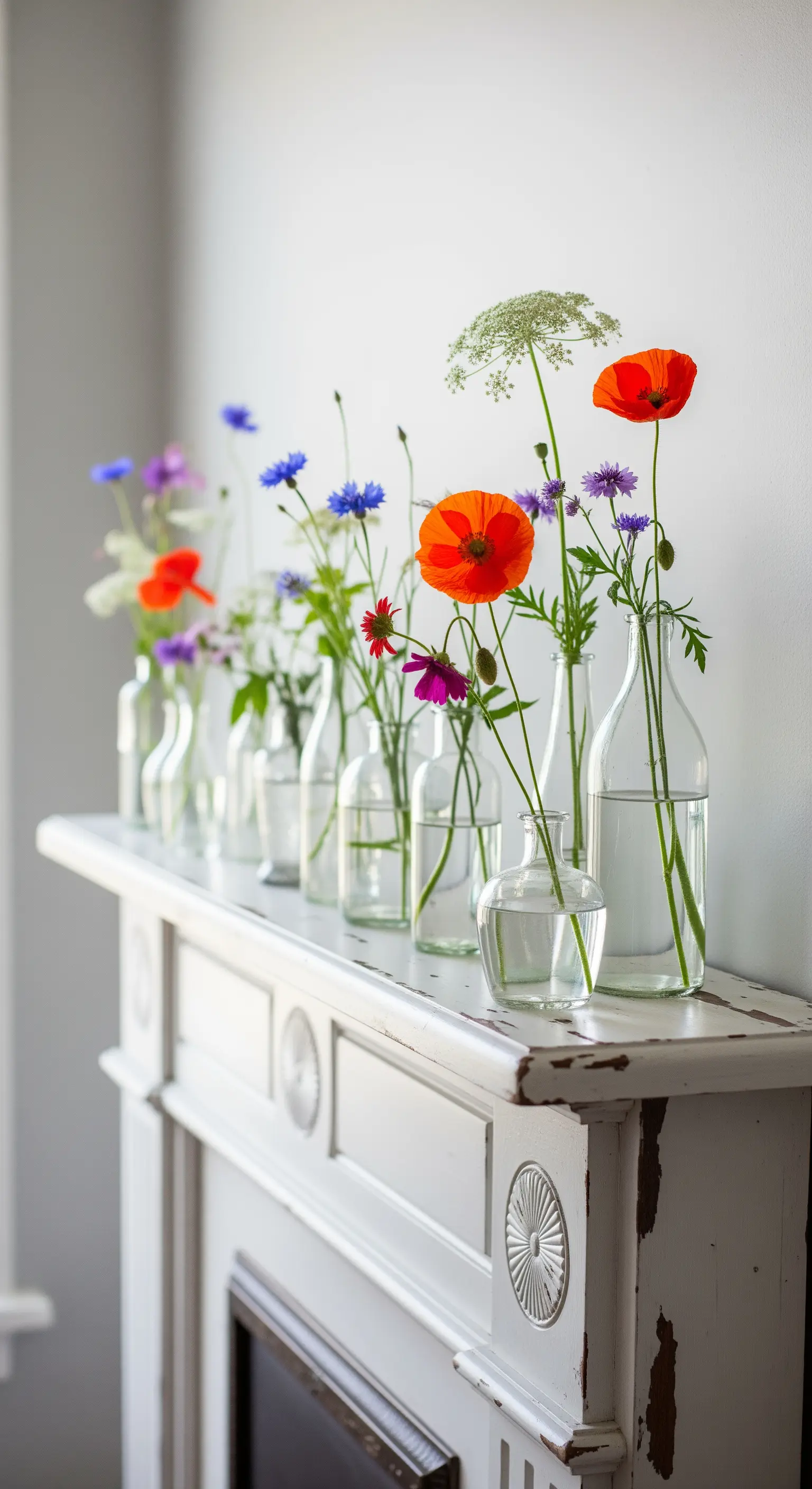 Sommerliche Kamindeko mit einzelnen Wildblumen in vielen kleinen, durchsichtigen Glasflaschen.