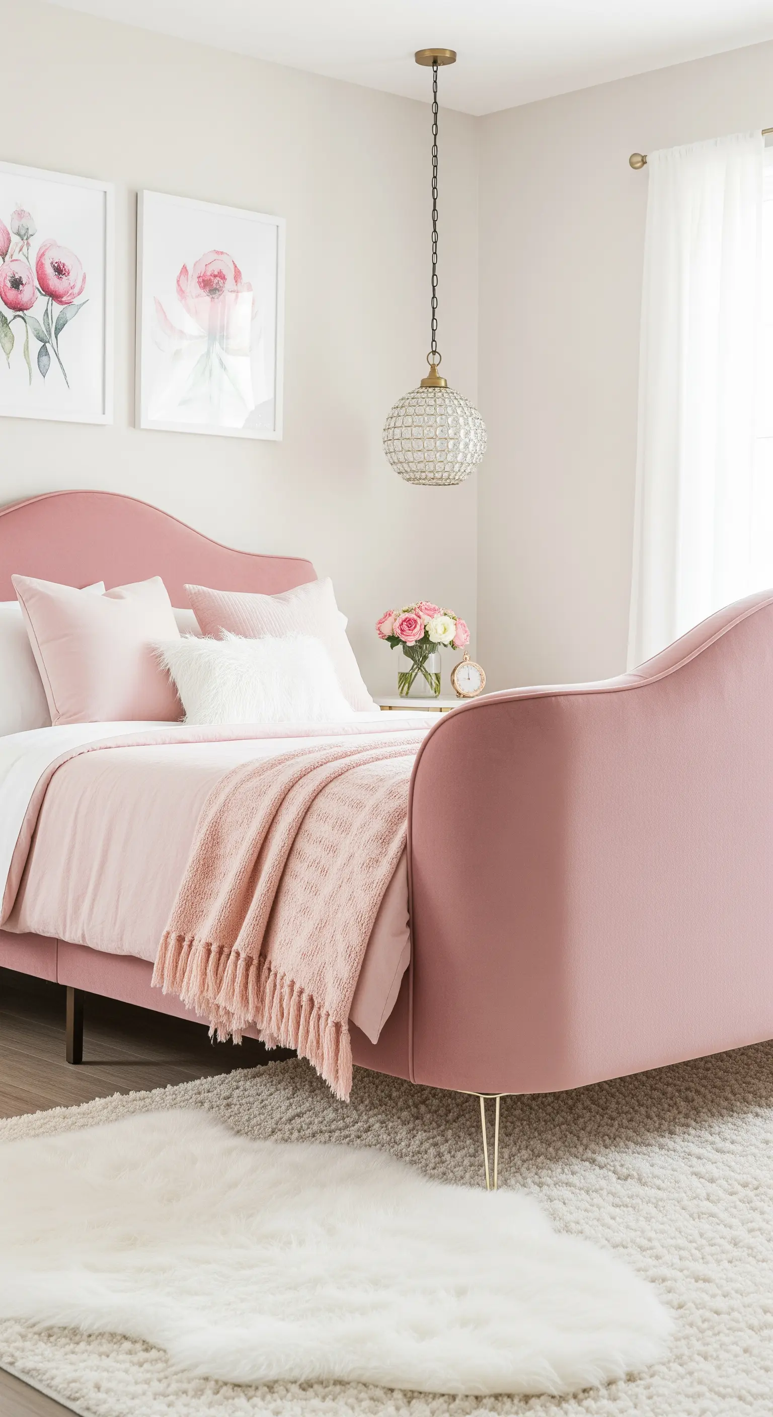 Rosa Samtbett mit geschwungenem Kopfteil und goldenen Füßen