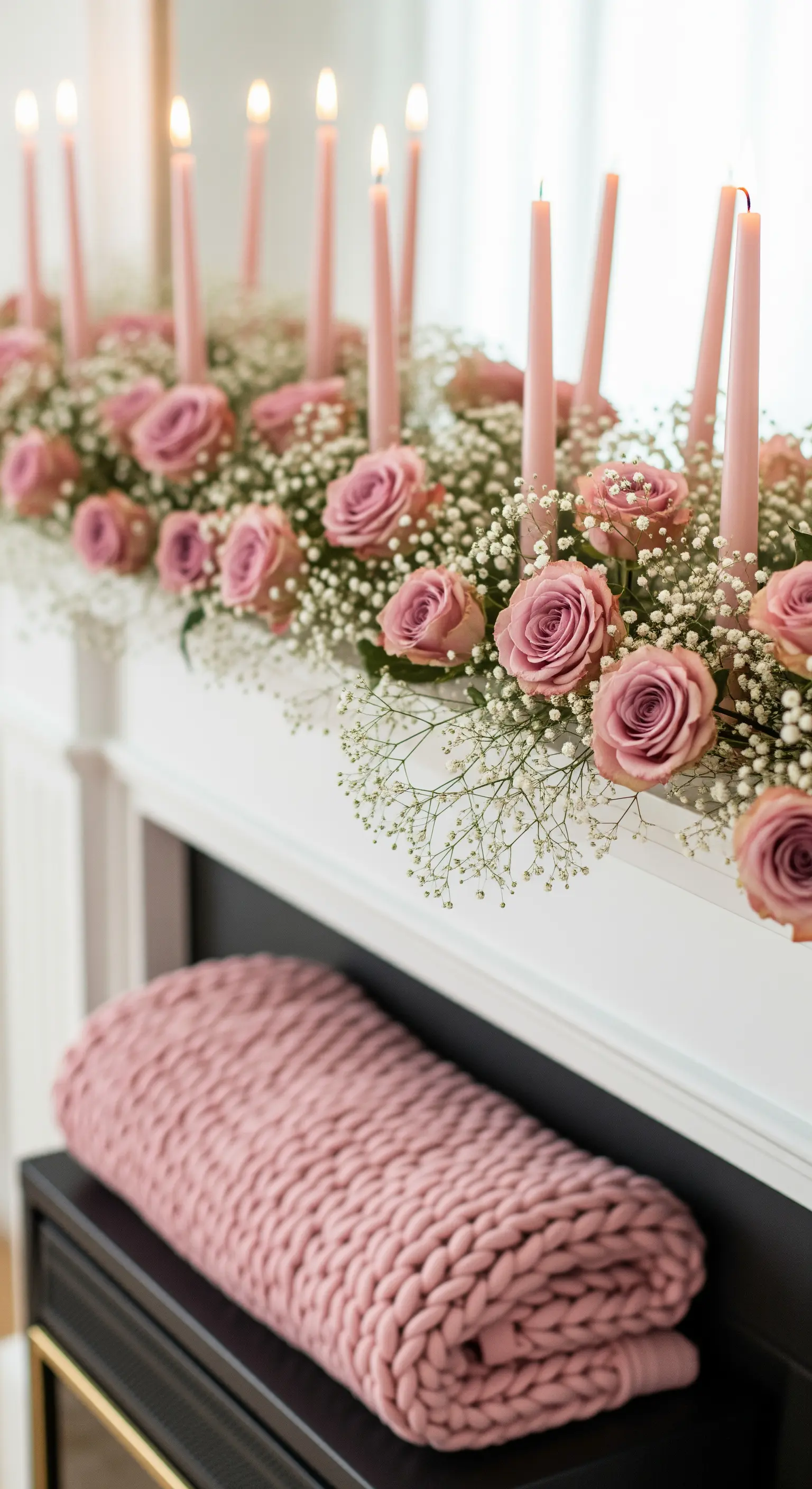 Kamin dekoriert mit einem üppigen Gesteck aus rosa Rosen und Schleierkraut.