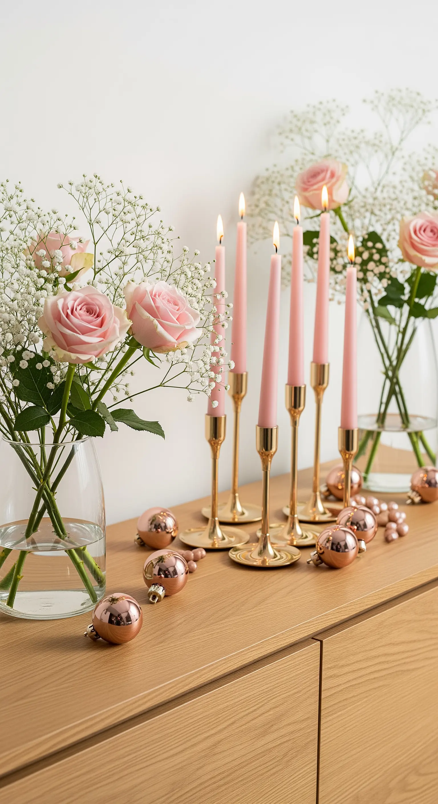 Weihnachtsdeko mit rosa Rosen, rosa Kerzen und goldenen Akzenten.