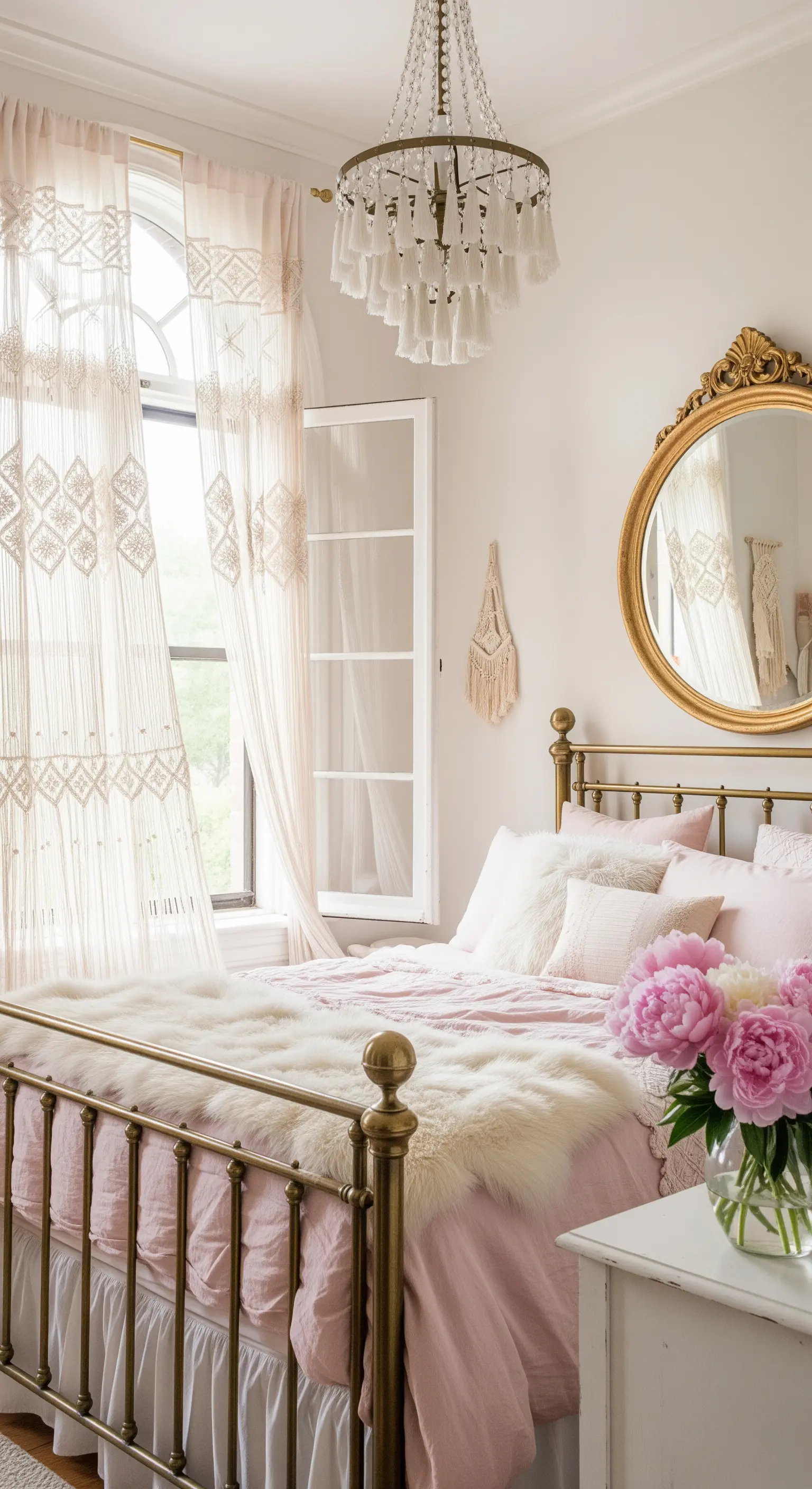 Romantisches Boho-Schlafzimmer in Rosatönen mit Messingbett, Makramee-Vorhängen und Pfingstrosen.