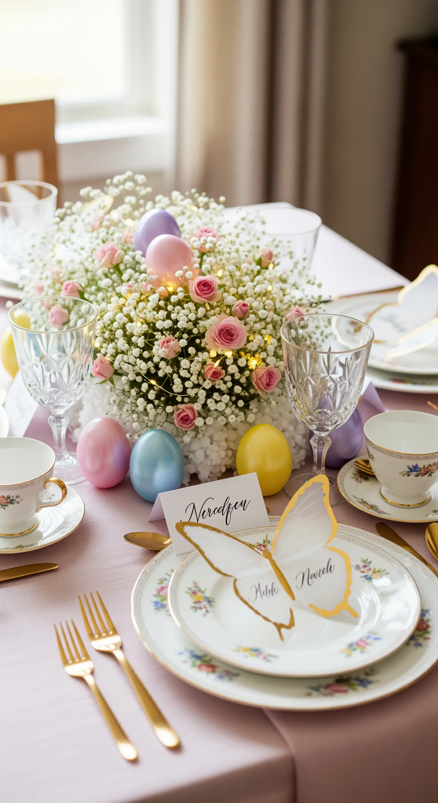 Romantische Ostertafel mit Schleierkraut, Rosen, pastellfarbenen Eiern und Schmetterlings-Platzkarten
