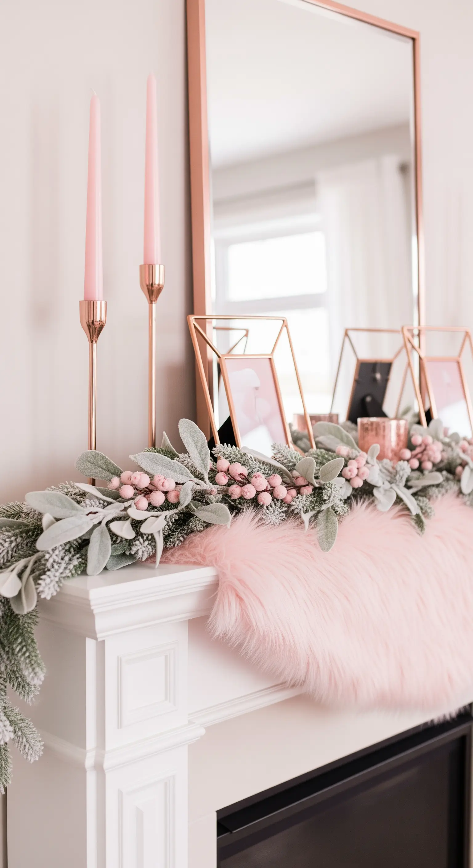 Kaminumrandung in Weiß, Roségold und Puderrosa mit Kunstfell.